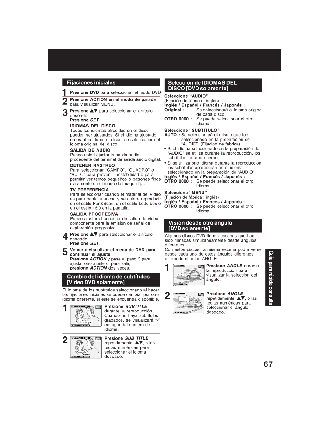 Panasonic PV-D4735S operating instructions Fijaciones iniciales, Cambio del idioma de subtítulos Vídeo DVD solamente 