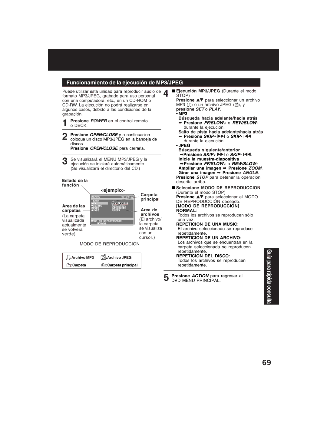 Panasonic PV-D4735S operating instructions Funcionamiento de la ejecución de MP3/JPEG, Modo DE Reproducción 