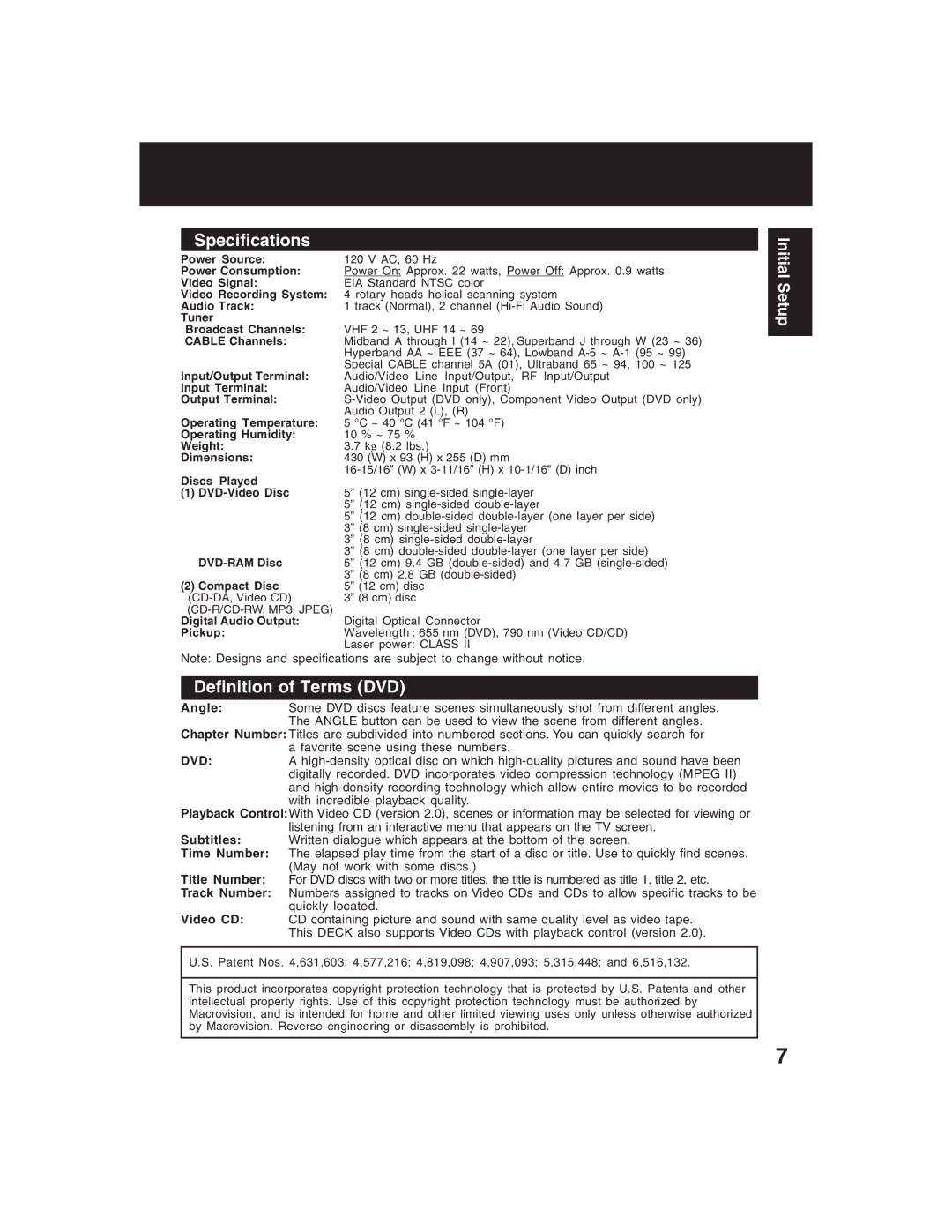 Panasonic PV-D4735S operating instructions Specifications, Definition of Terms DVD, Initial Setup, Dvd 