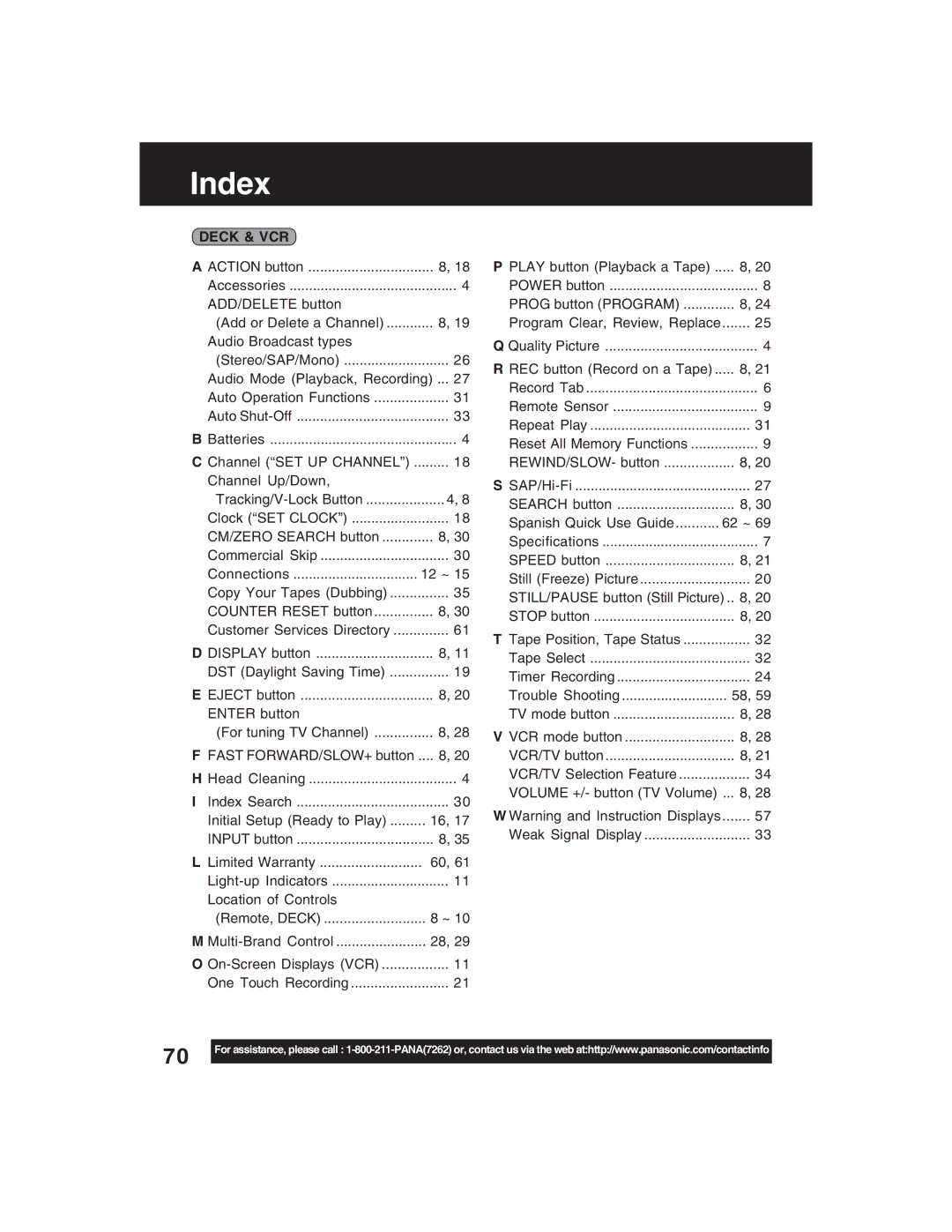 Panasonic PV-D4735S operating instructions Index 