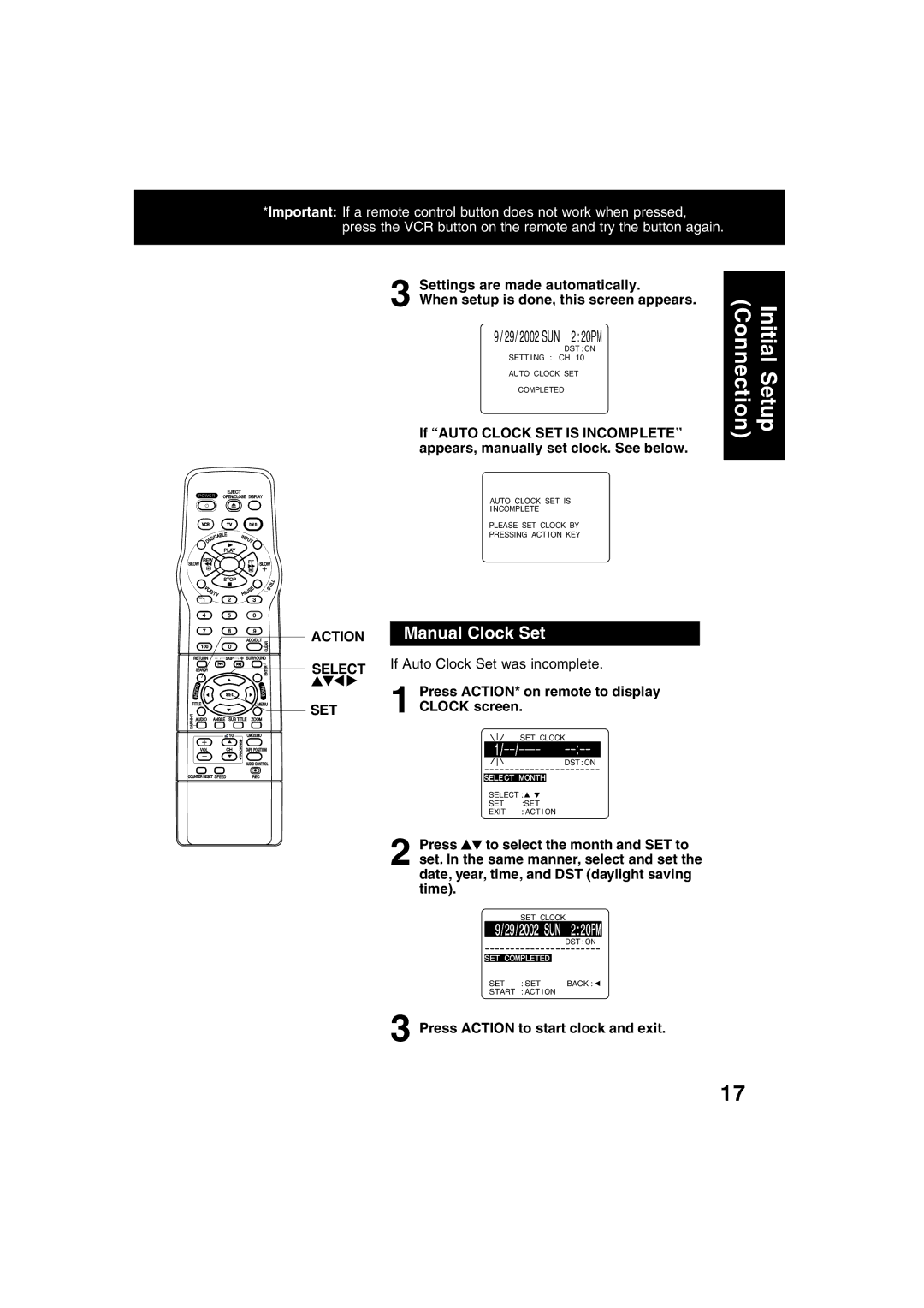 Panasonic PV-D4752, PV-D4742 manual Manual Clock Set, Action Select SET, If Auto Clock Set was incomplete 