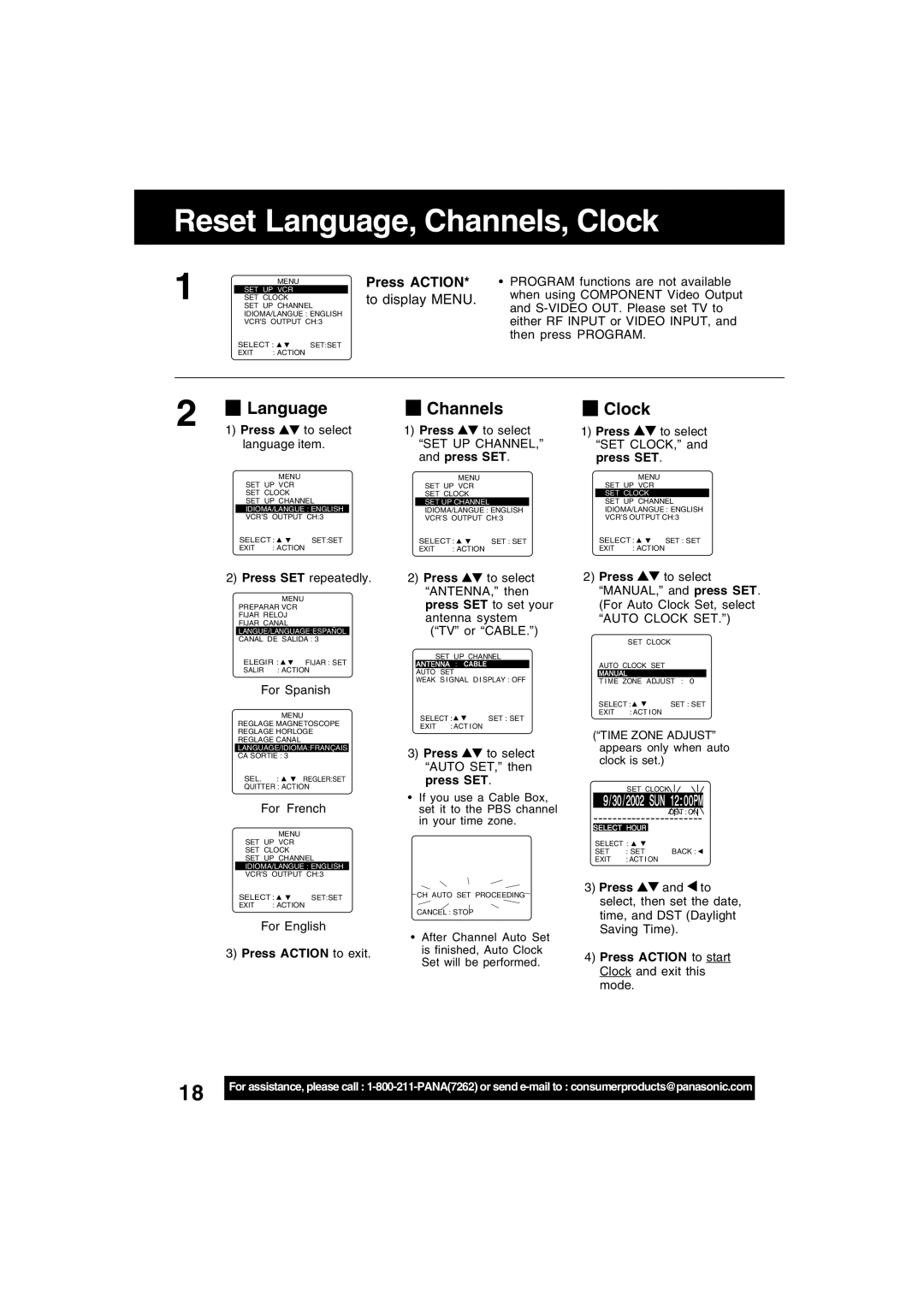 Panasonic PV-D4742, PV-D4752 manual Reset Language, Channels, Clock, Press Action, To display Menu 