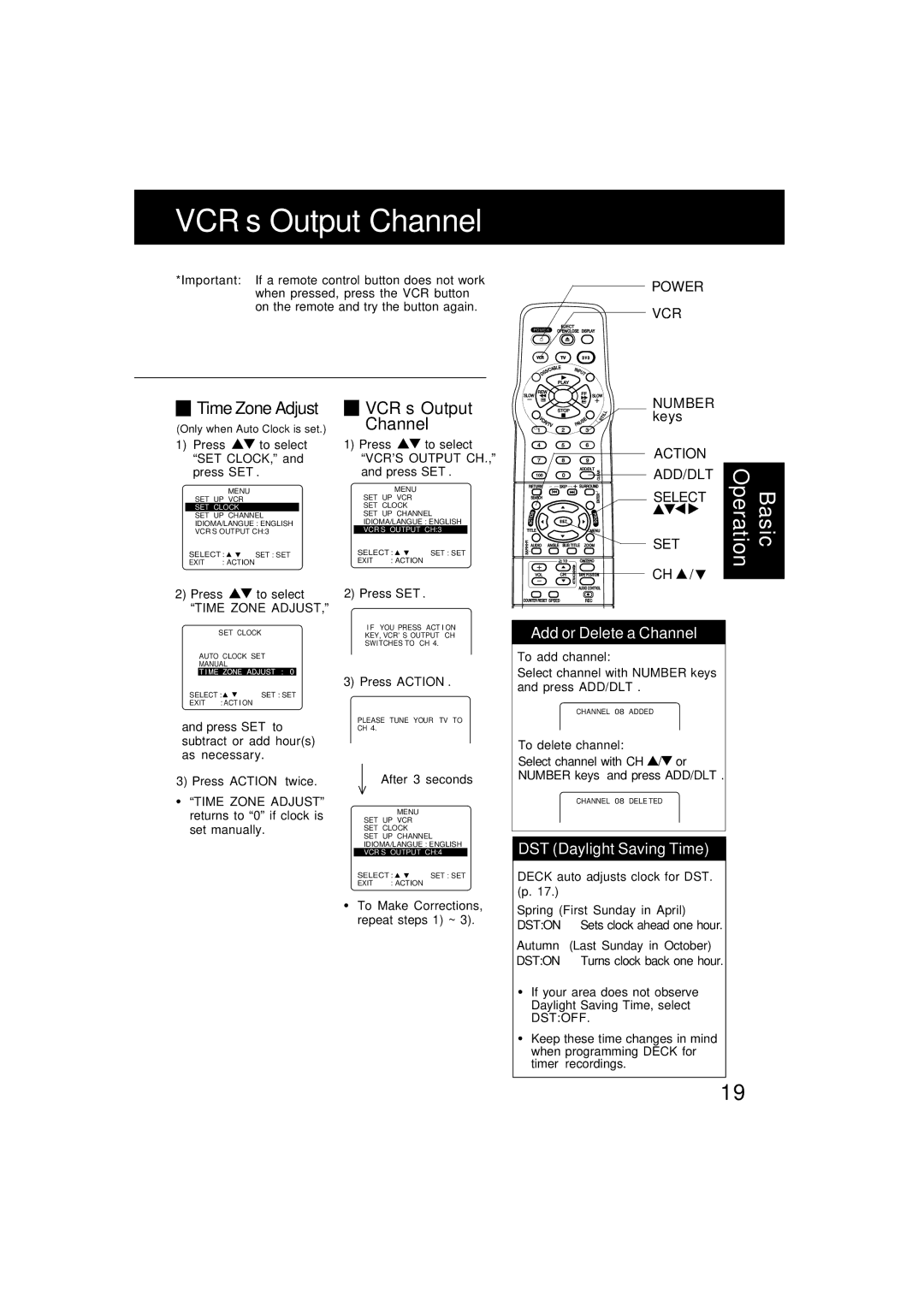 Panasonic PV-D4752, PV-D4742 manual VCR’s Output Channel, Add or Delete a Channel, DST Daylight Saving Time, Power VCR 