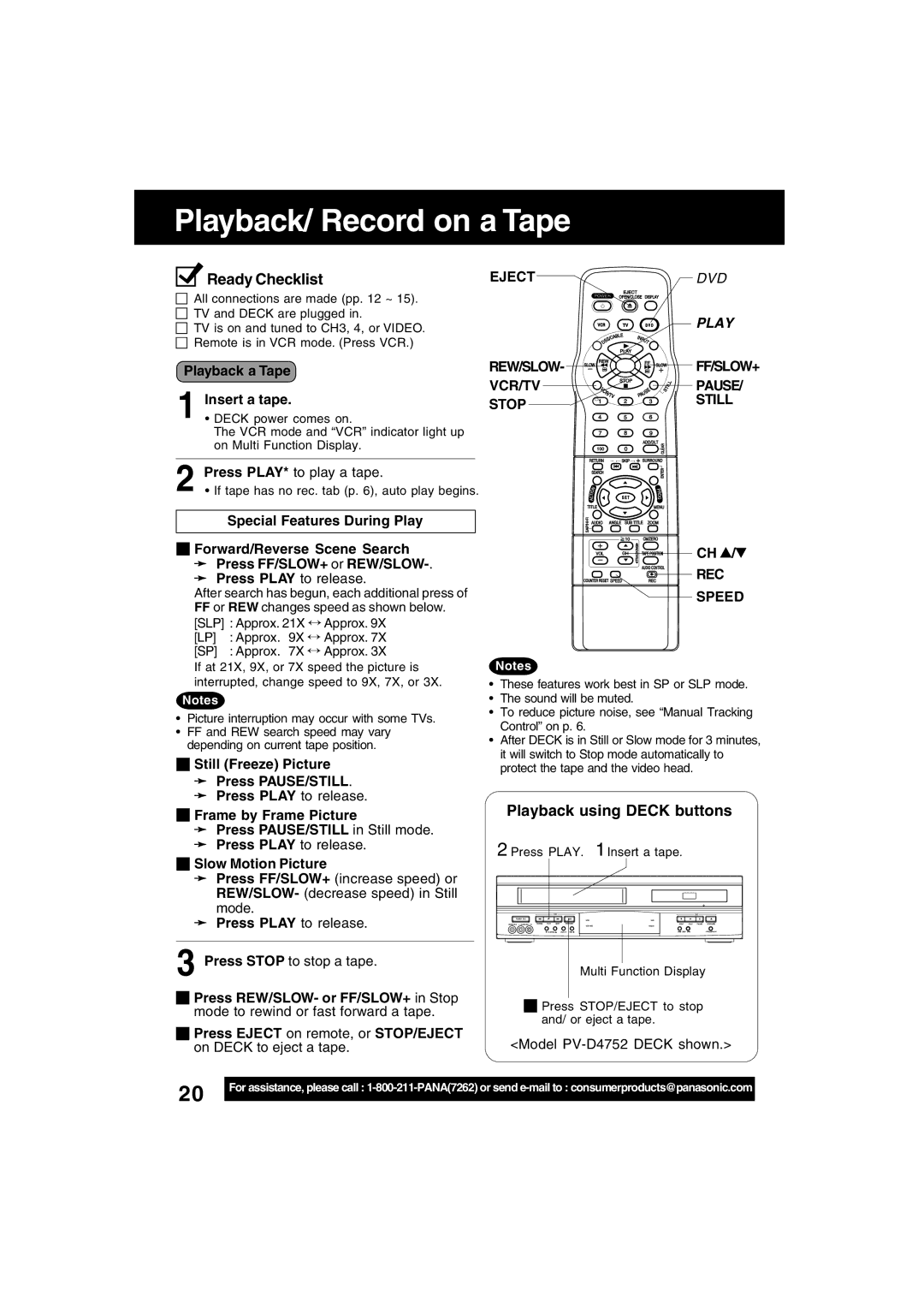 Panasonic PV-D4742, PV-D4752 Playback/ Record on a Tape, Ready ChecklistEJECTDVD, Playback using Deck buttons, Rew/Slow 