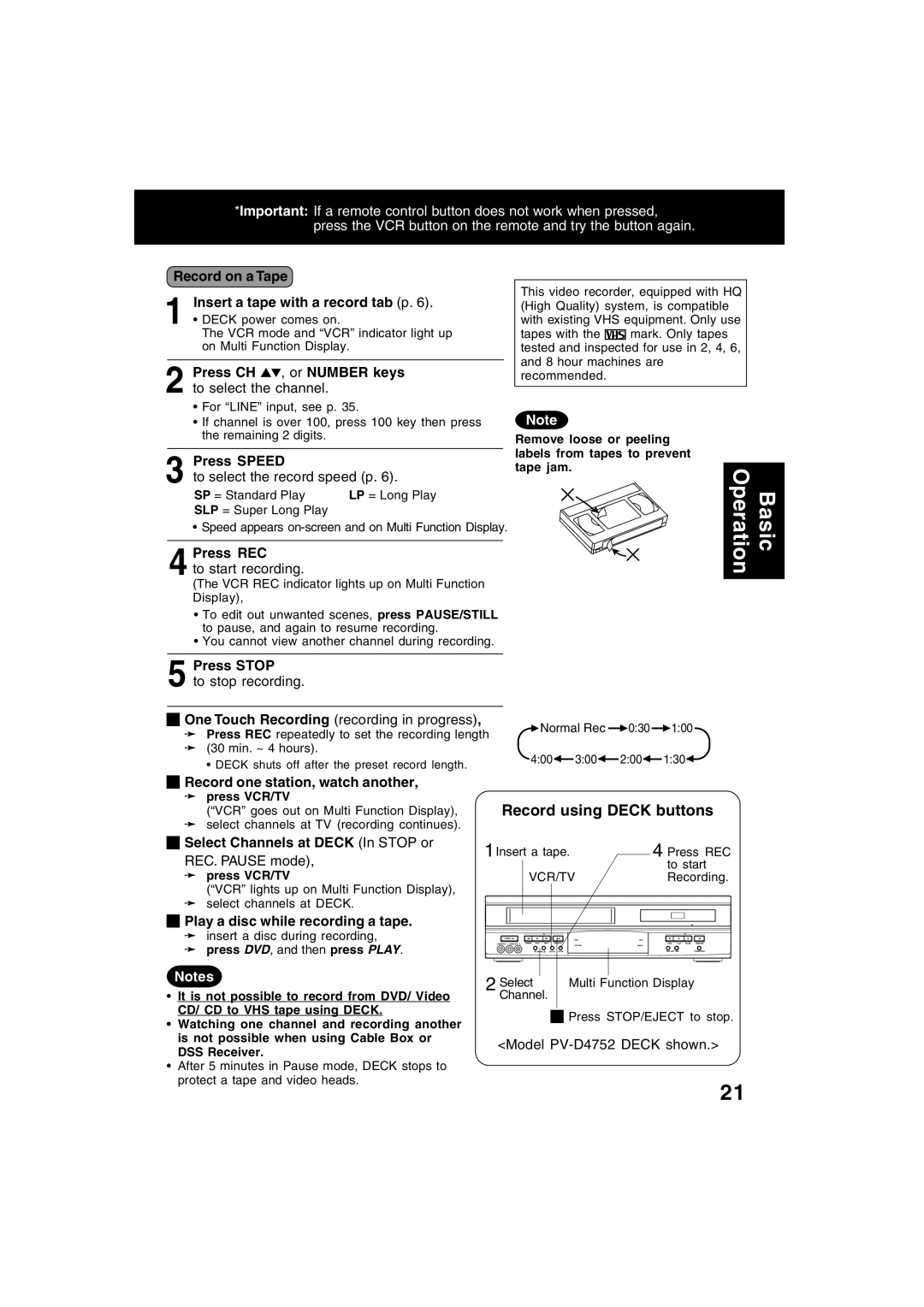 Panasonic PV-D4752, PV-D4742 manual Record using Deck buttons 