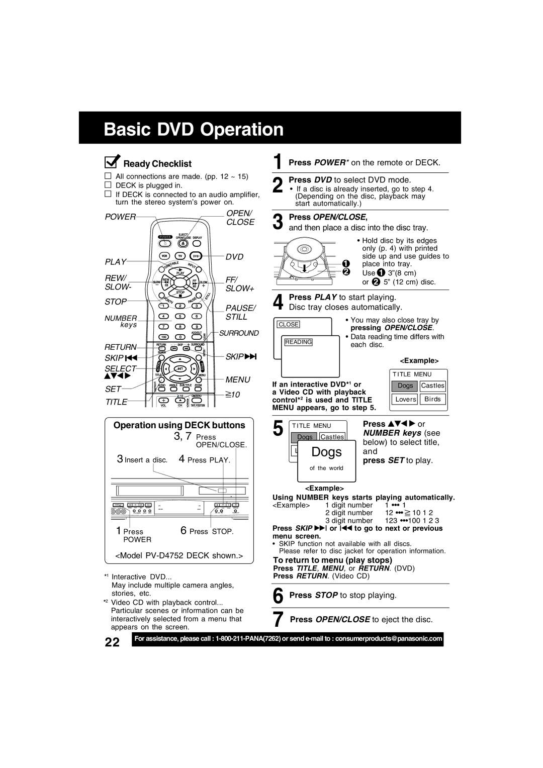 Panasonic PV-D4742 manual Basic DVD Operation, Operation using Deck buttons, Press OPEN/CLOSE, To return to menu play stops 