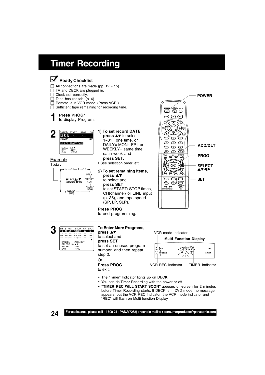 Panasonic PV-D4742, PV-D4752 manual Timer Recording, Power, ADD/DLT Prog Select 