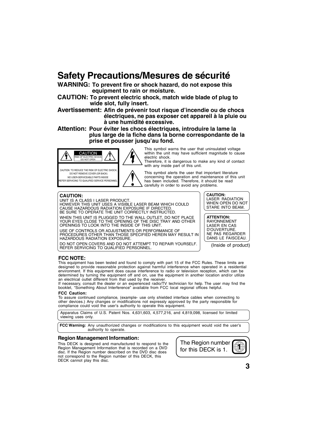 Panasonic PV-D4752, PV-D4742 manual Region Management Information, Inside of product, FCC Caution 