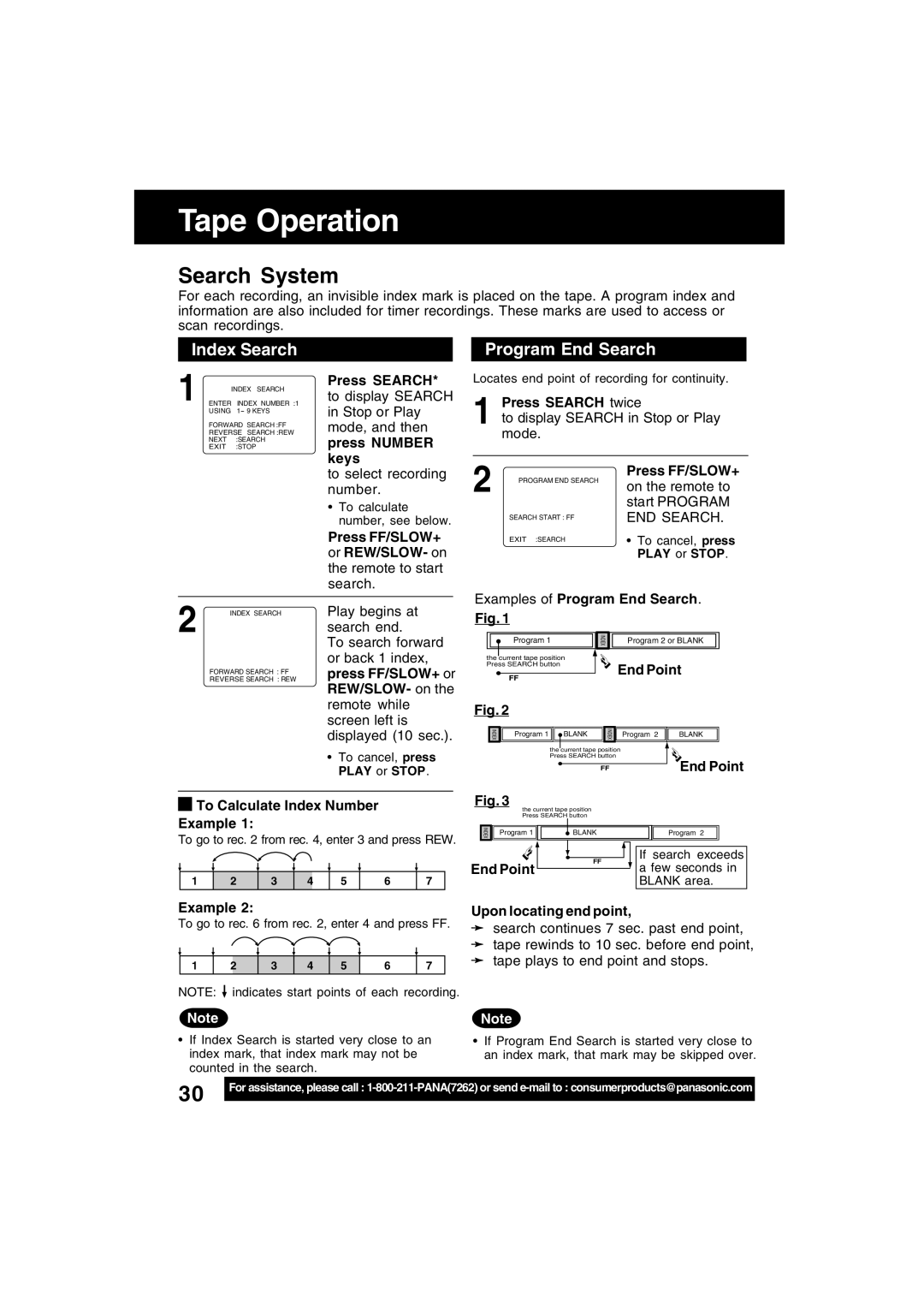 Panasonic PV-D4742, PV-D4752 manual Tape Operation, Index Search Program End Search 