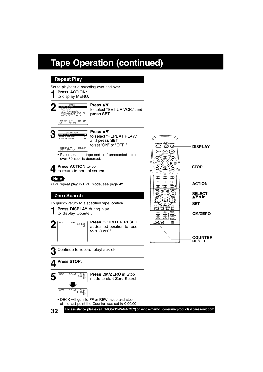 Panasonic PV-D4742, PV-D4752 manual Repeat Play, Zero Search, Display Stop Action Select SET CM/ZERO Counter Reset 