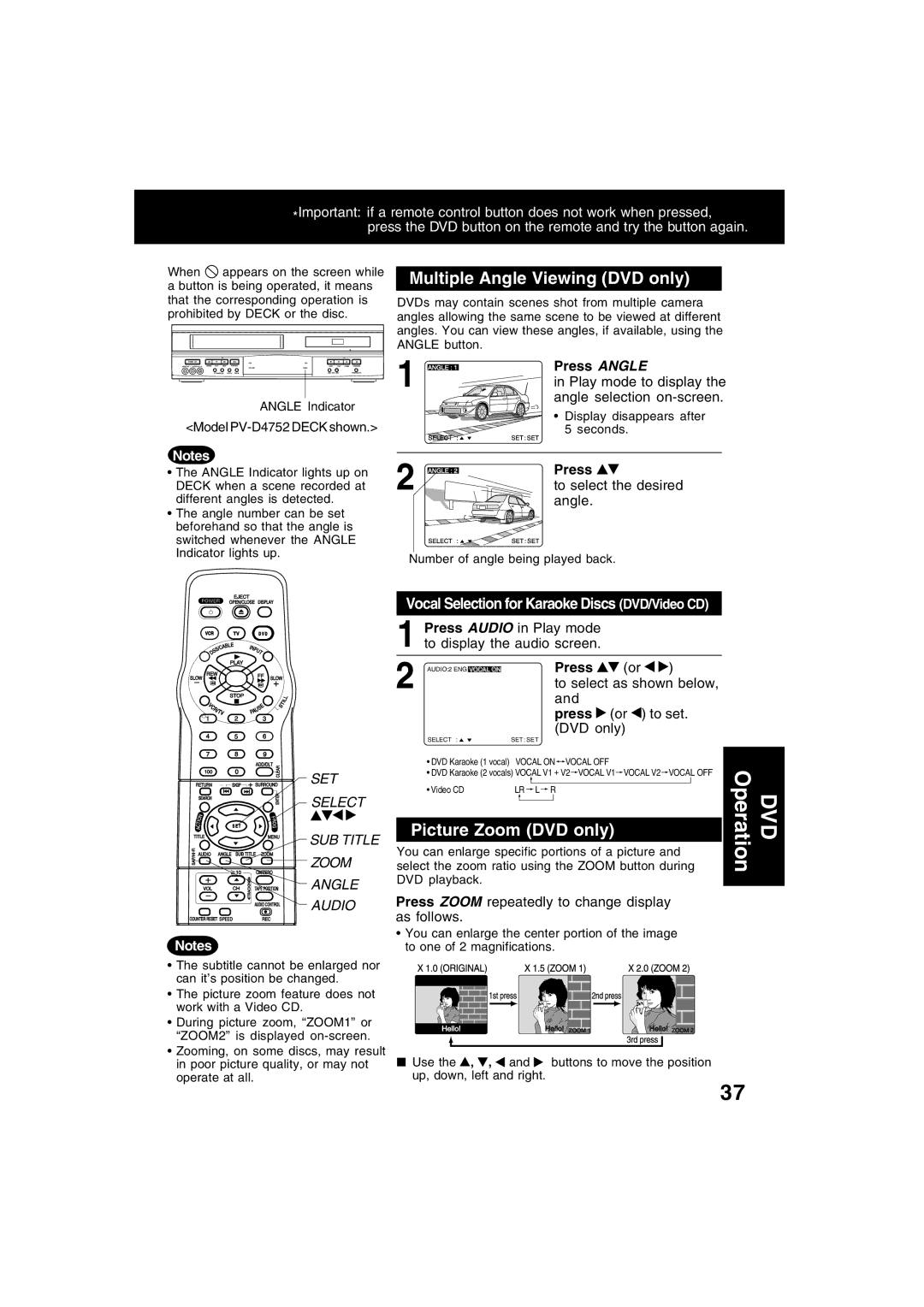 Panasonic PV-D4752, PV-D4742 Multiple Angle Viewing DVD only, Picture Zoom DVD only, Press Angle, To select the desired 