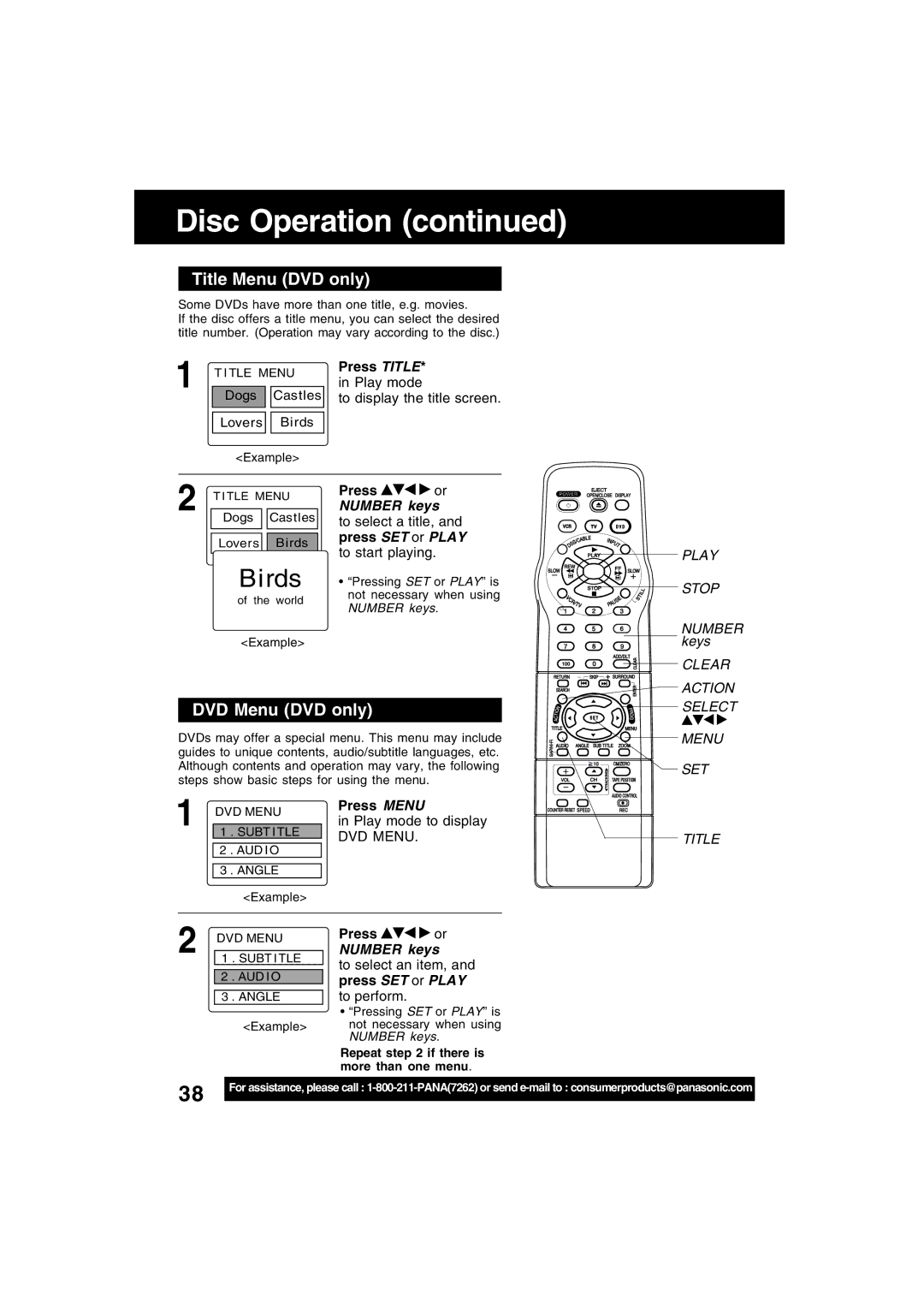 Panasonic PV-D4742, PV-D4752 manual Title Menu DVD only, DVD Menu DVD only, Press Title, Press SET or Play, Press Menu 