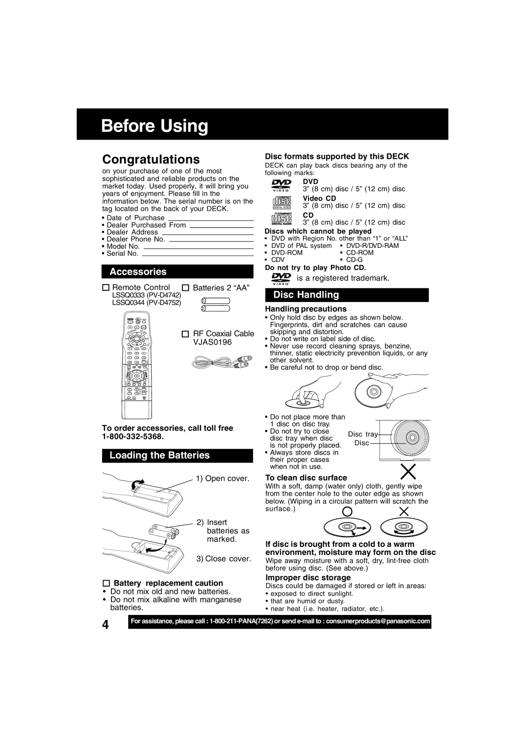 Panasonic PV-D4742, PV-D4752 manual Before Using, Accessories, Disc Handling, Loading the Batteries 