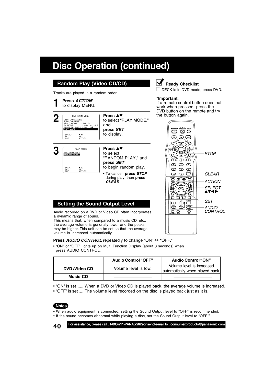 Panasonic PV-D4742, PV-D4752 manual Random Play Video CD/CD, Setting the Sound Output Level, Press to select, Music CD 