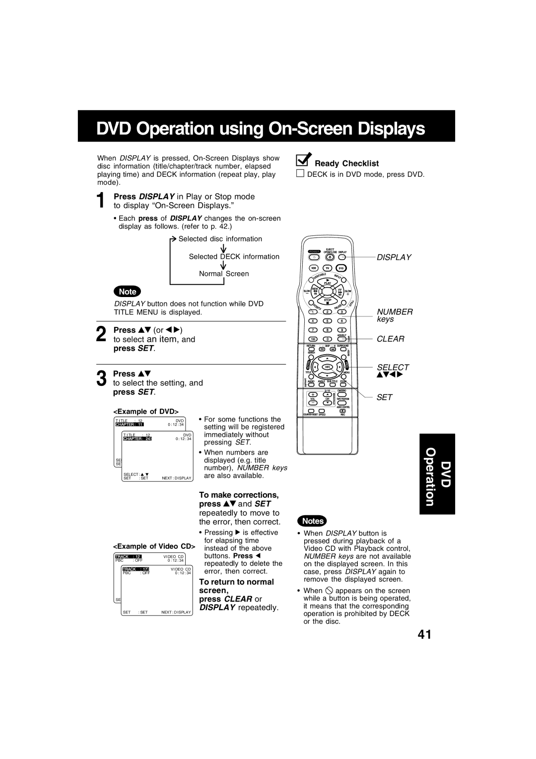 Panasonic PV-D4752, PV-D4742 manual DVD Operation, To return to normal, Screen, Press Clear or 