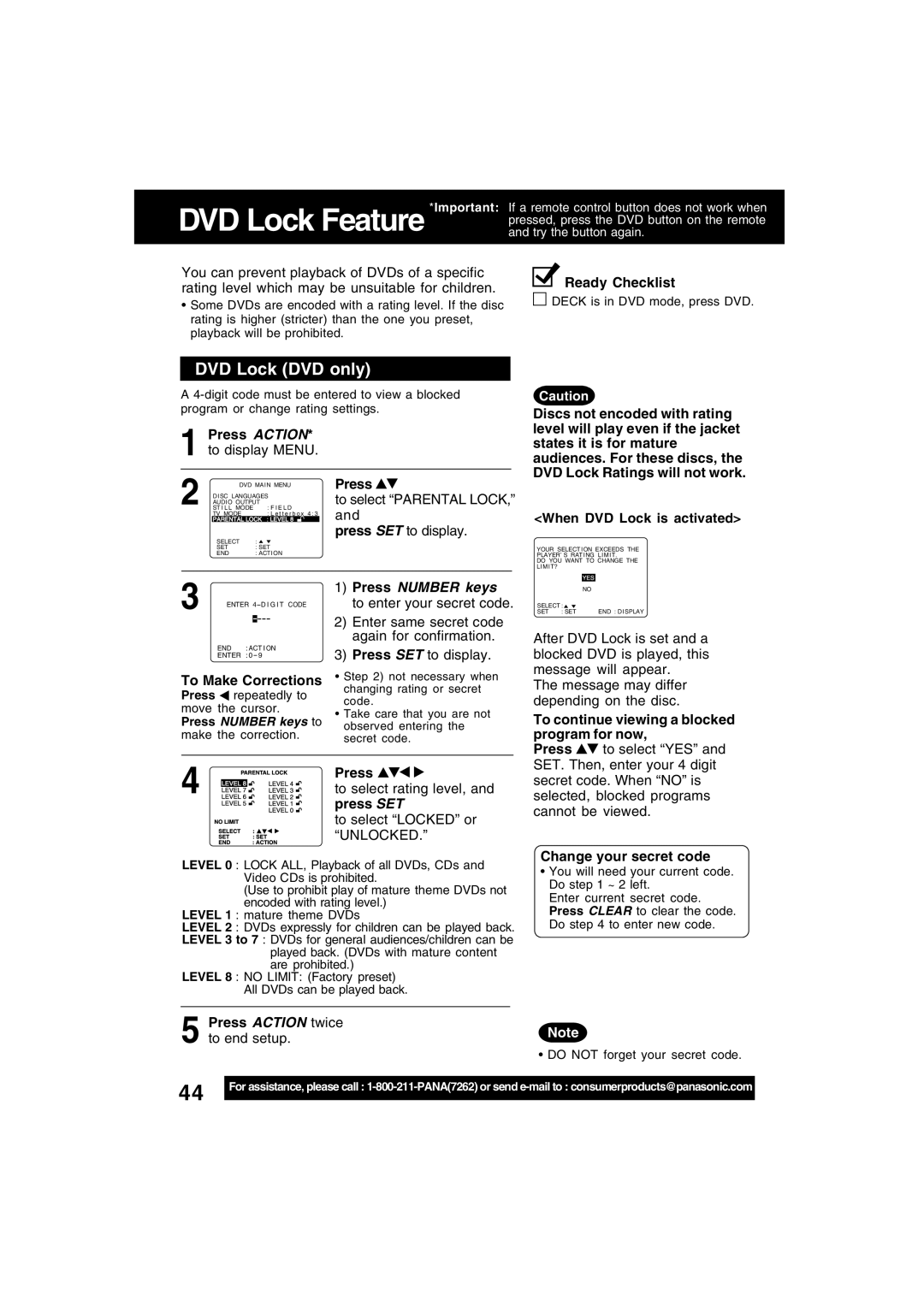 Panasonic PV-D4742, PV-D4752 manual DVD Lock DVD only, Press Number keys to enter your secret code, Press Action twice 