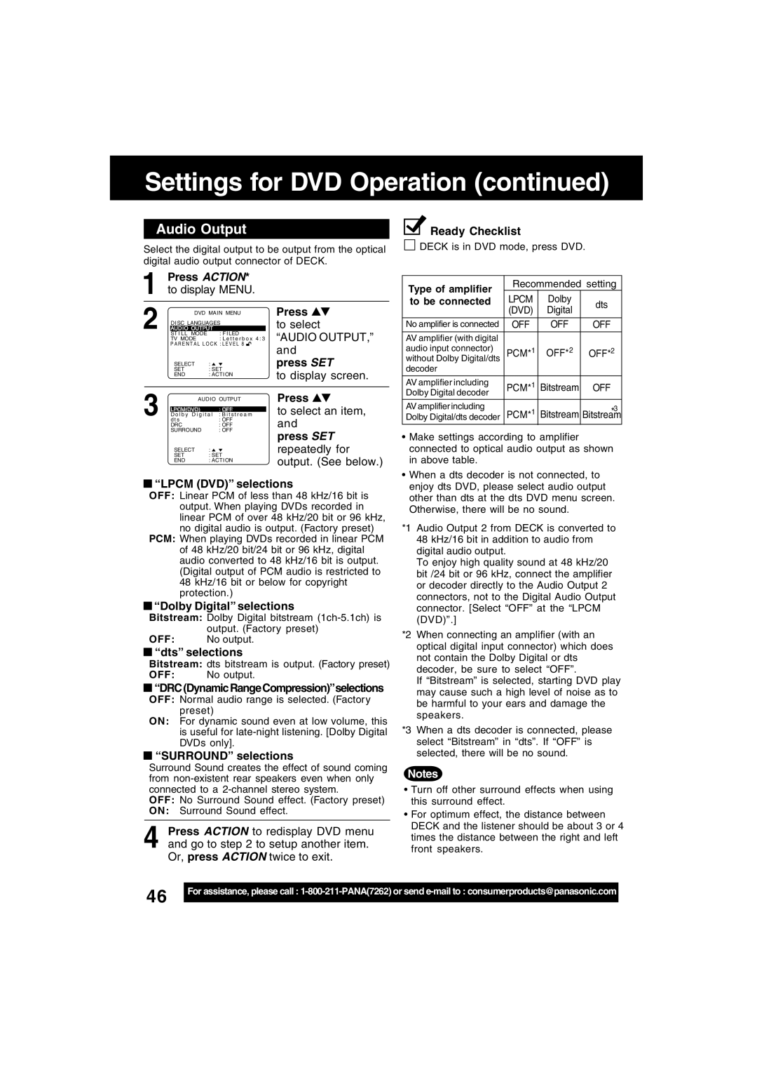 Panasonic PV-D4742 manual Audio Output, Lpcm DVD selections, Dolby Digital selections, Dts selections, Surround selections 