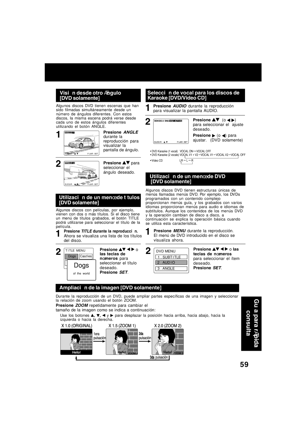 Panasonic PV-D4752, PV-D4742 manual Visión desde otro ángulo DVD solamente, Utilización de un menú de títulos DVD solamente 