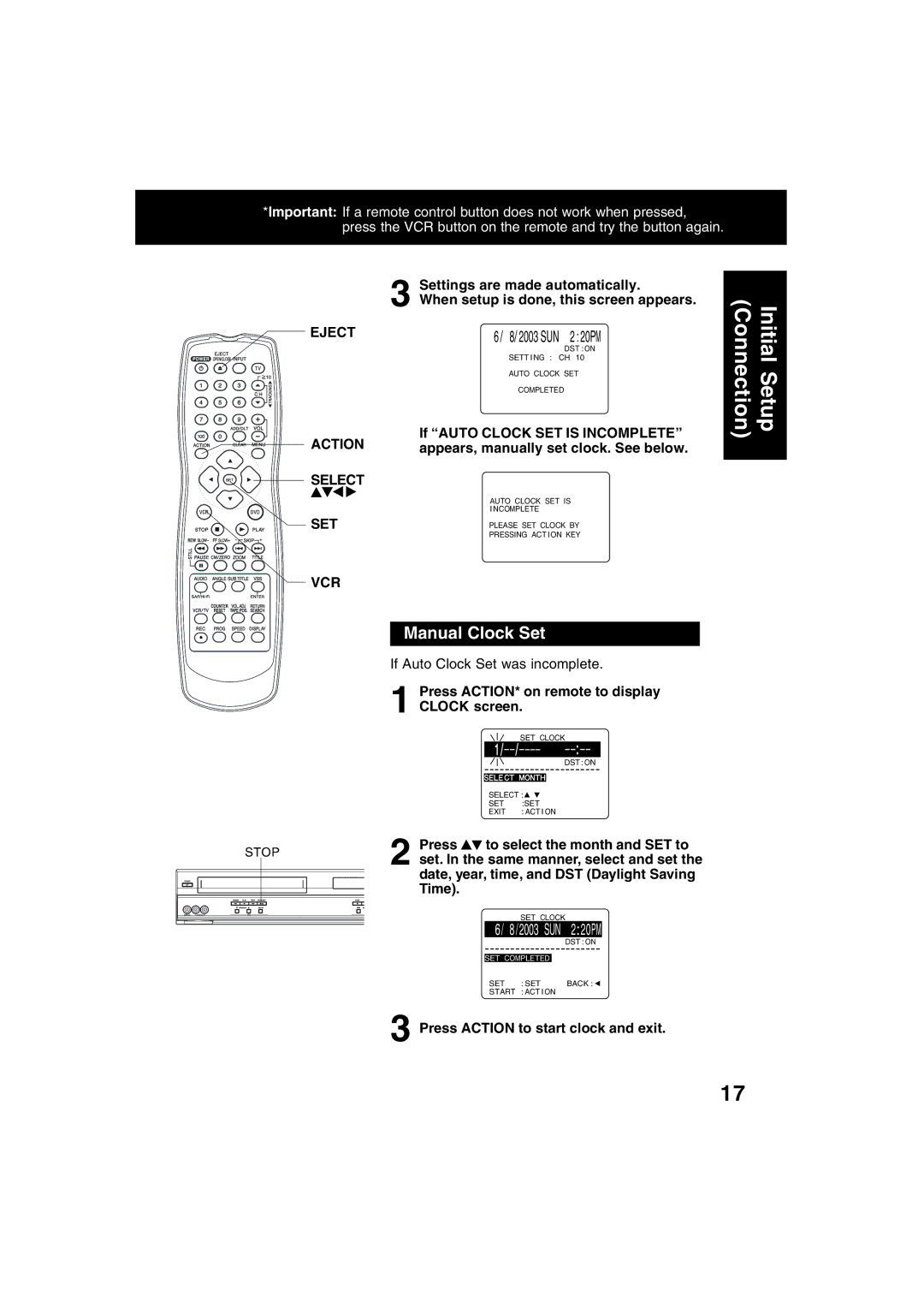 Panasonic PV-D4743S manual Manual Clock Set, Action, Select, Vcr 