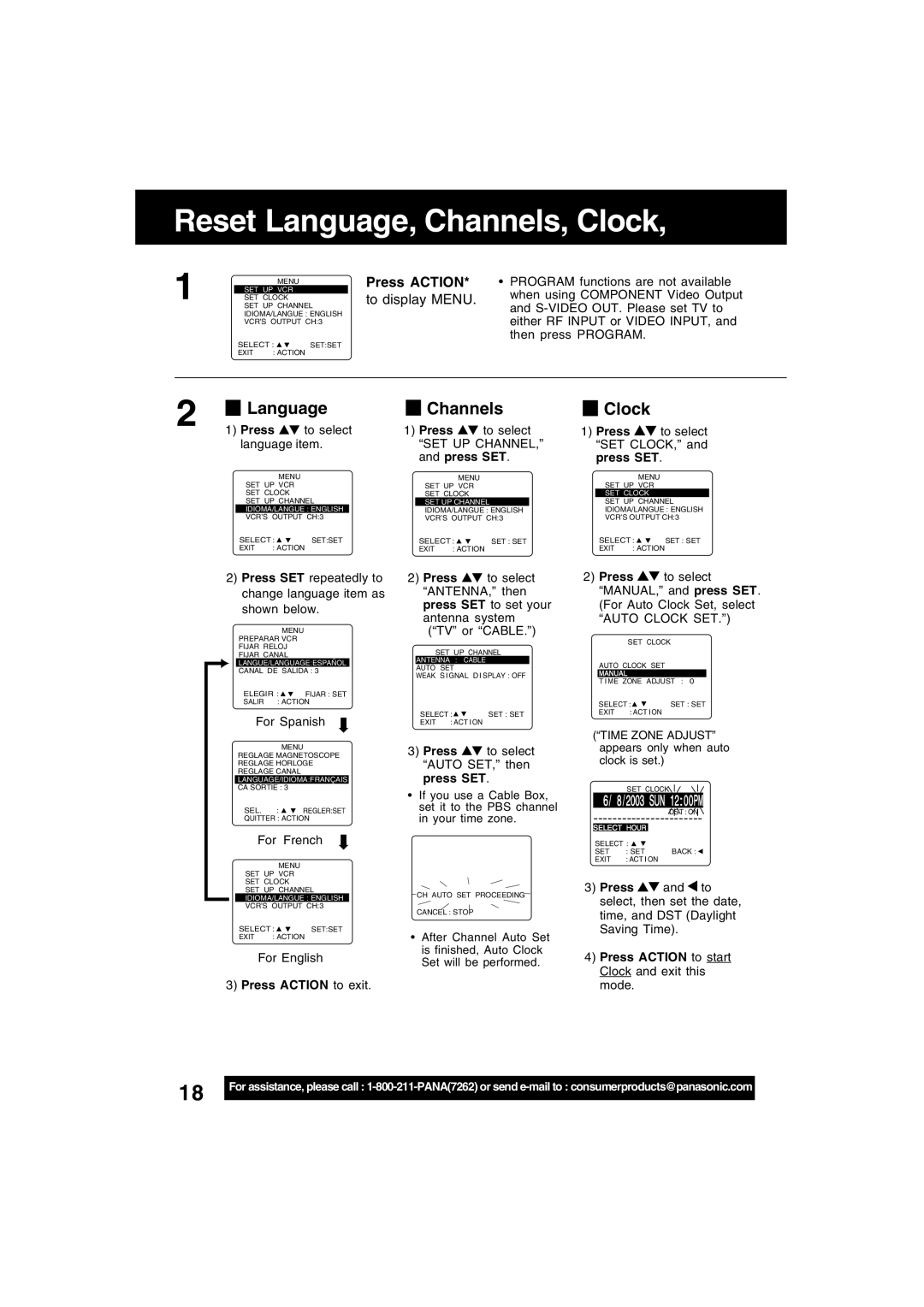 Panasonic PV-D4743S manual Reset Language, Channels, Clock, Press Action, To display Menu 