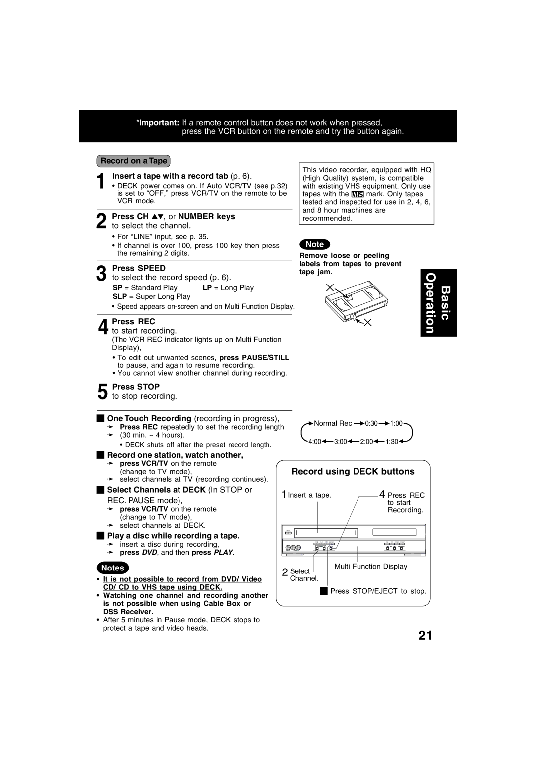 Panasonic PV-D4743S manual Record using Deck buttons 