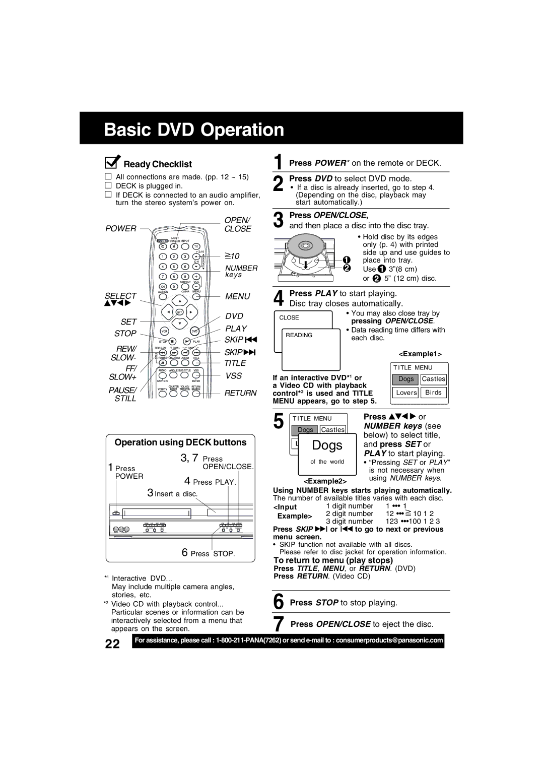 Panasonic PV-D4743S Basic DVD Operation, Operation using Deck buttons, Press OPEN/CLOSE, To return to menu play stops 