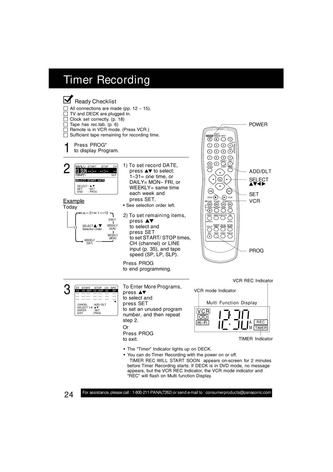 Panasonic PV-D4743S manual Timer Recording, ADD/DLT Select SET VCR, Prog 