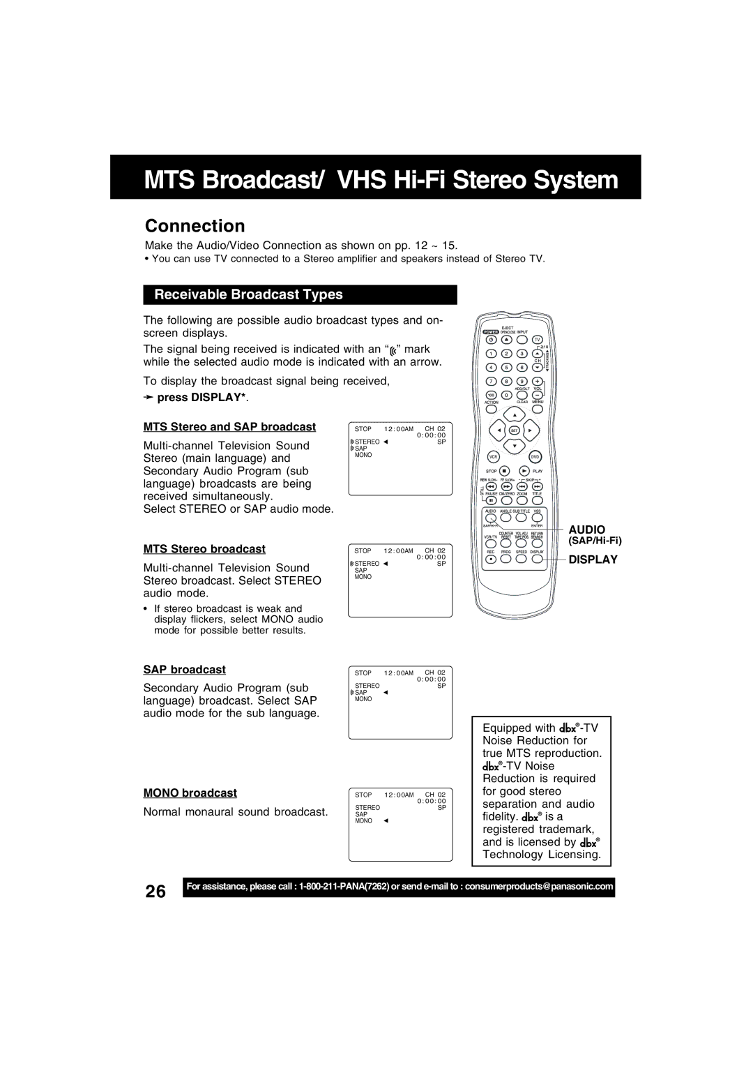 Panasonic PV-D4743S manual Receivable Broadcast Types, Audio, Display 