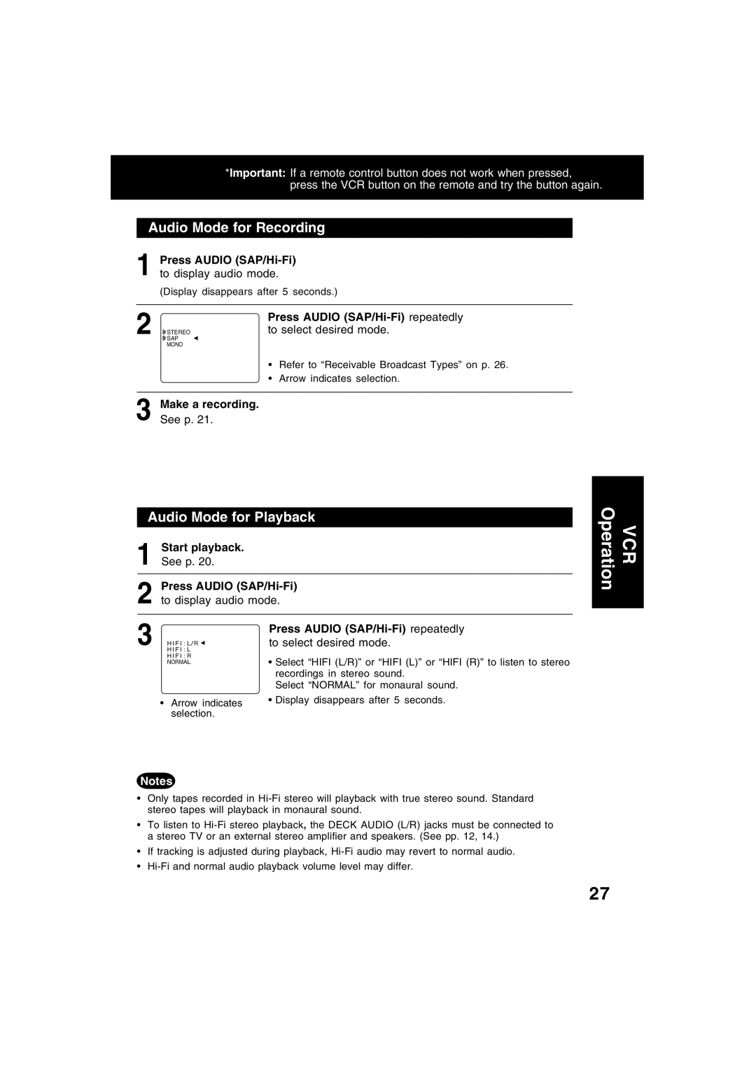 Panasonic PV-D4743S manual Audio Mode for Recording, Audio Mode for Playback 