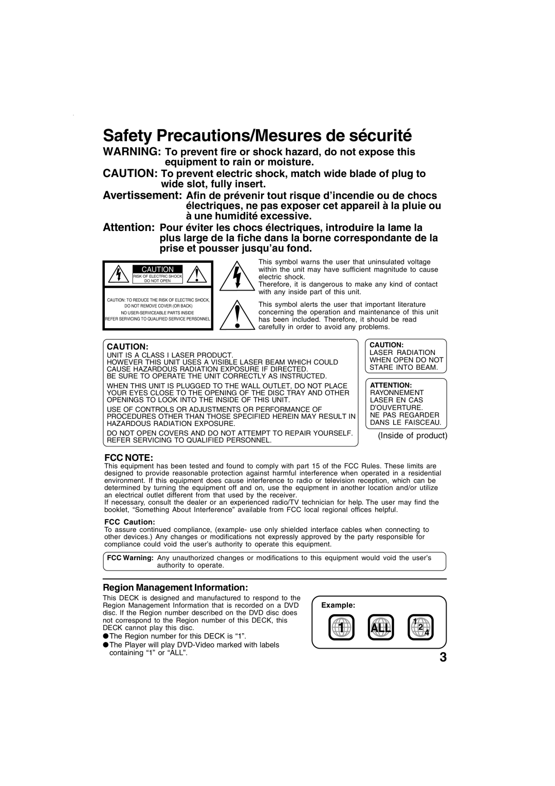 Panasonic PV-D4743S manual Region Management Information, Inside of product, FCC Caution, Example 