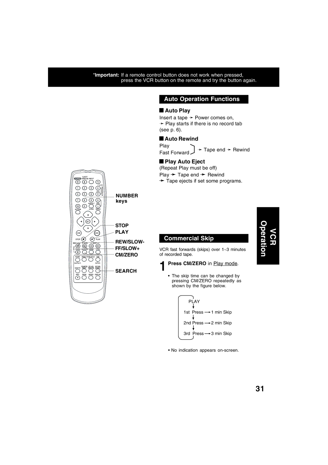 Panasonic PV-D4743S manual Auto Operation Functions, Commercial Skip, Auto Play, Auto Rewind 