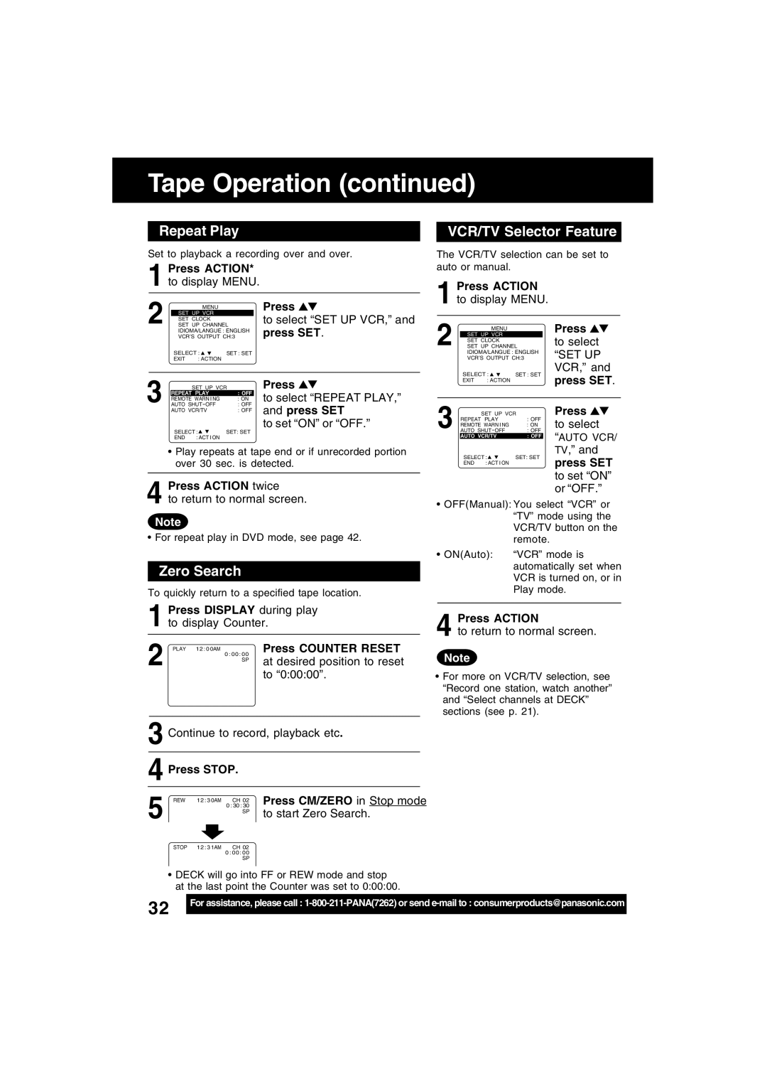 Panasonic PV-D4743S manual Repeat Play, Zero Search, VCR/TV Selector Feature 