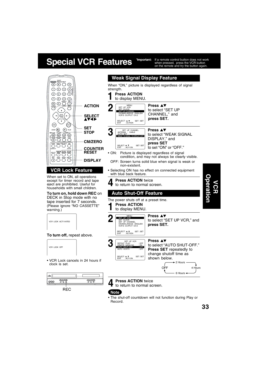 Panasonic PV-D4743S manual VCR Lock Feature, Weak Signal Display Feature, Auto Shut-Off Feature 