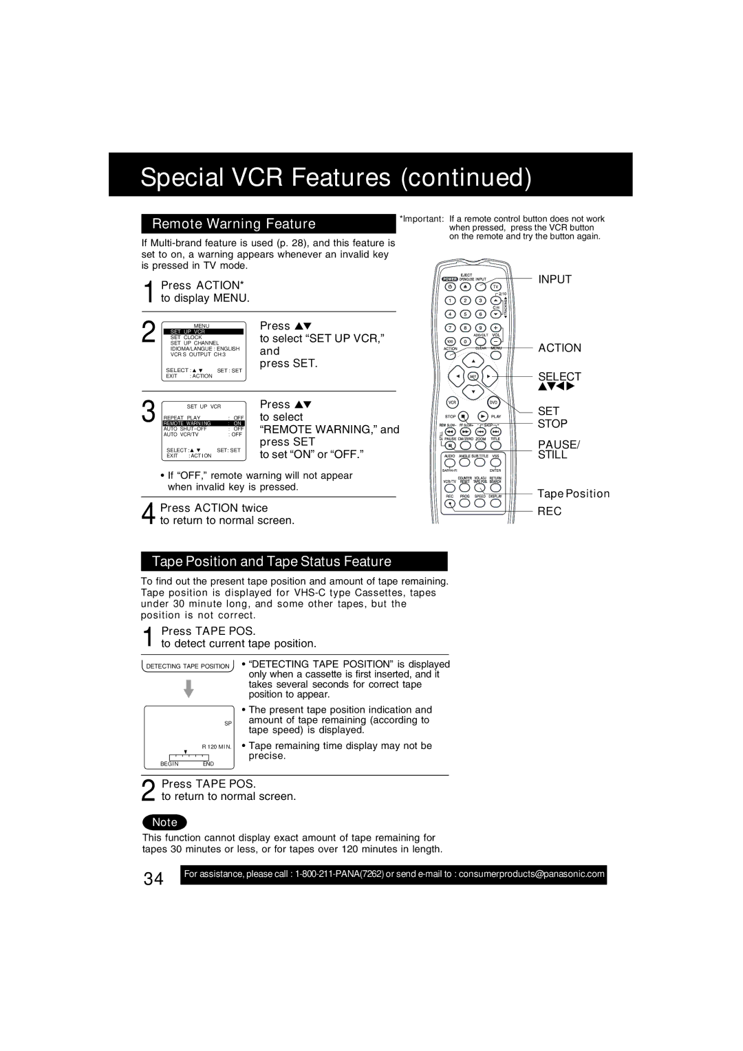 Panasonic PV-D4743S manual Special VCR Features, Remote Warning Feature, Tape Position and Tape Status Feature 