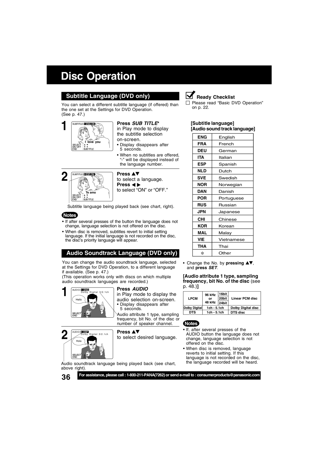 Panasonic PV-D4743S manual Disc Operation, Subtitle Language DVD only, Audio Soundtrack Language DVD only, Press SUB Title 