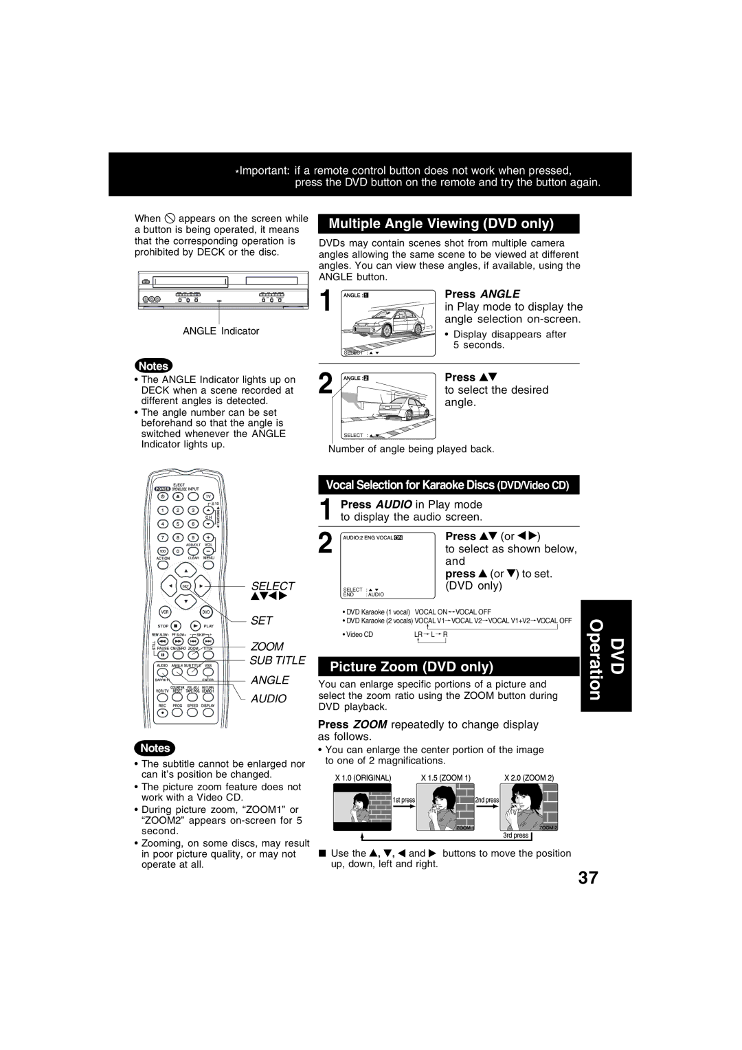 Panasonic PV-D4743S manual Picture Zoom DVD only, Press Angle 