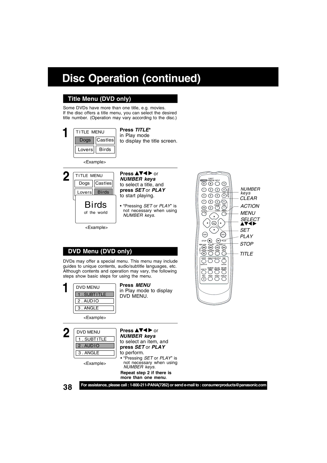 Panasonic PV-D4743S manual Title Menu DVD only, DVD Menu DVD only, Press SET or Play 