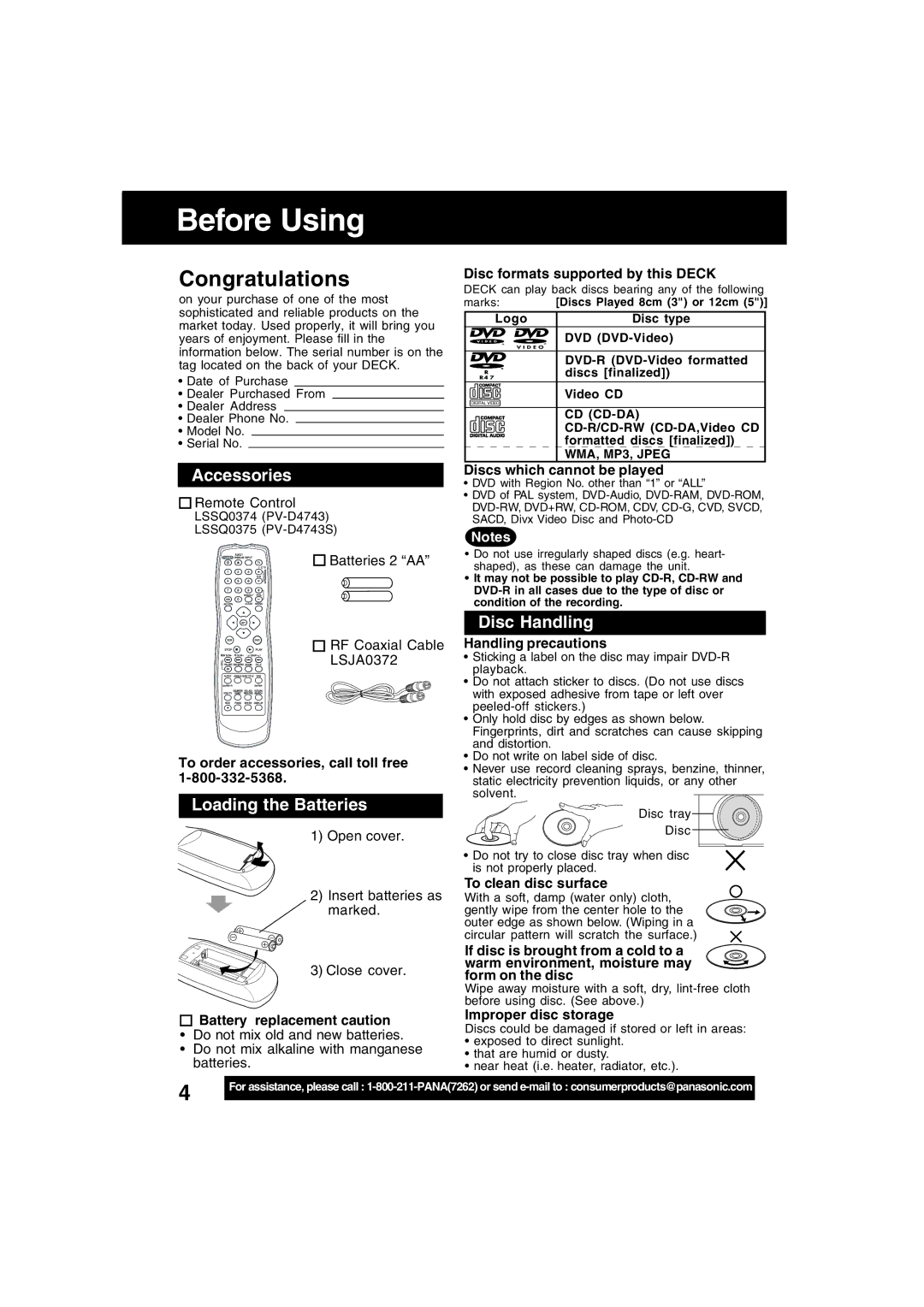 Panasonic PV-D4743S manual Before Using, Accessories, Loading the Batteries, Disc Handling 