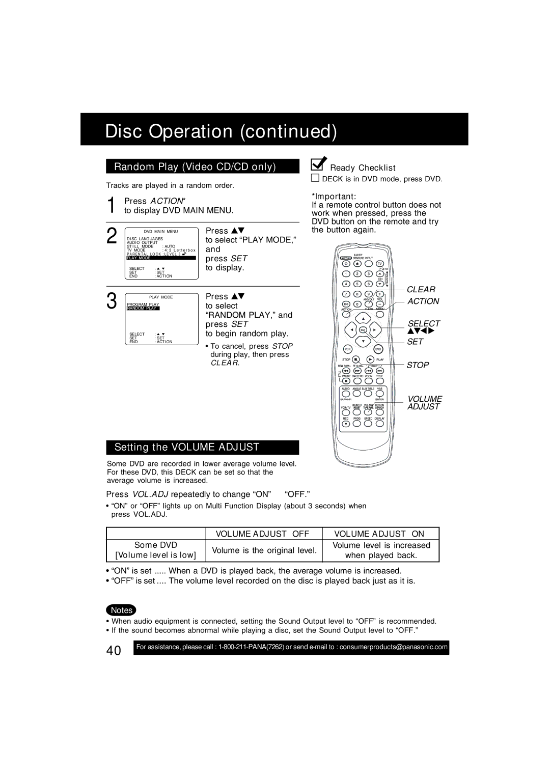 Panasonic PV-D4743S manual Random Play Video CD/CD only, Setting the Volume Adjust, Press to select 