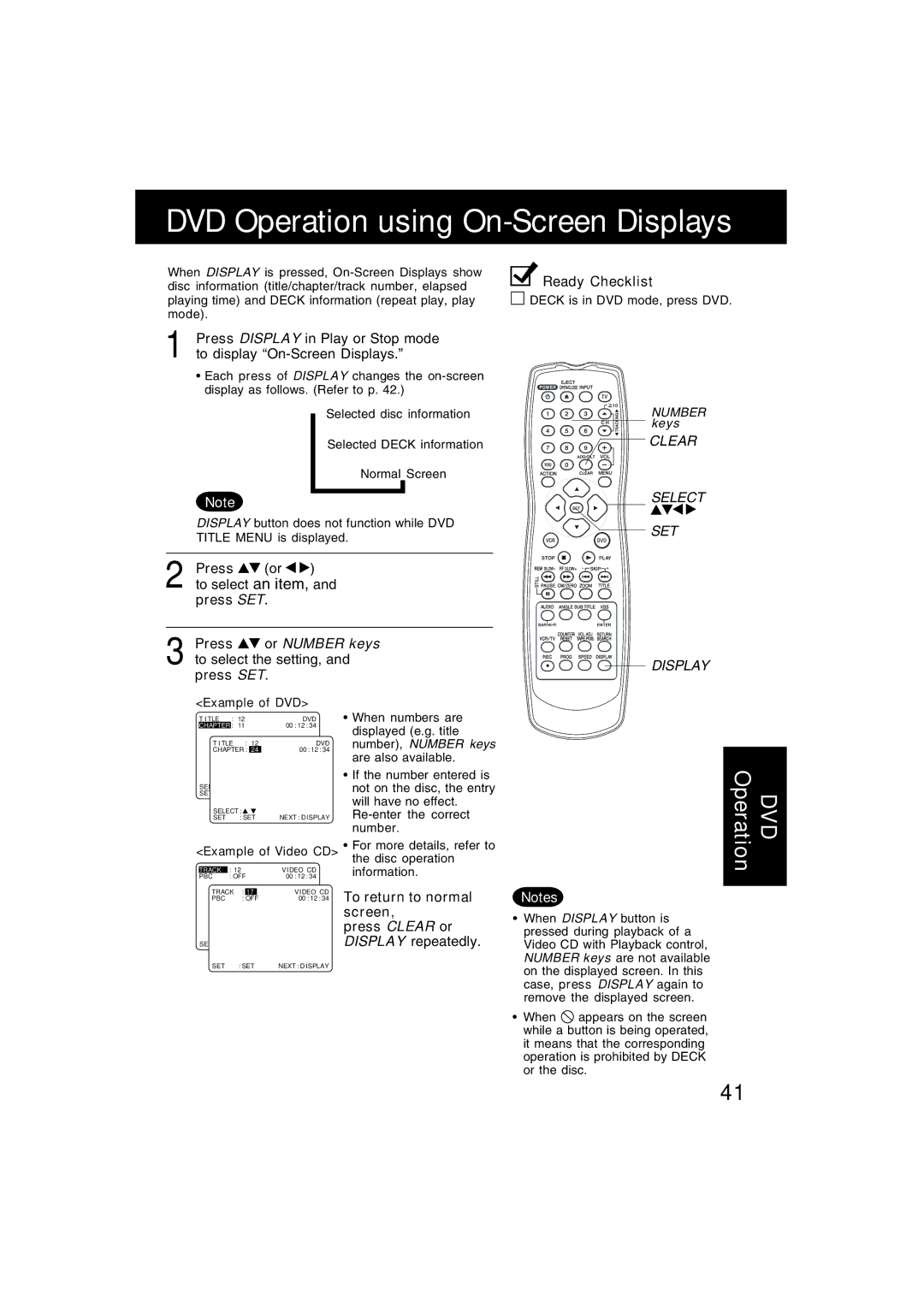 Panasonic PV-D4743S manual To select an item, and press SET, Press or Number keys, To select the setting, and press SET 