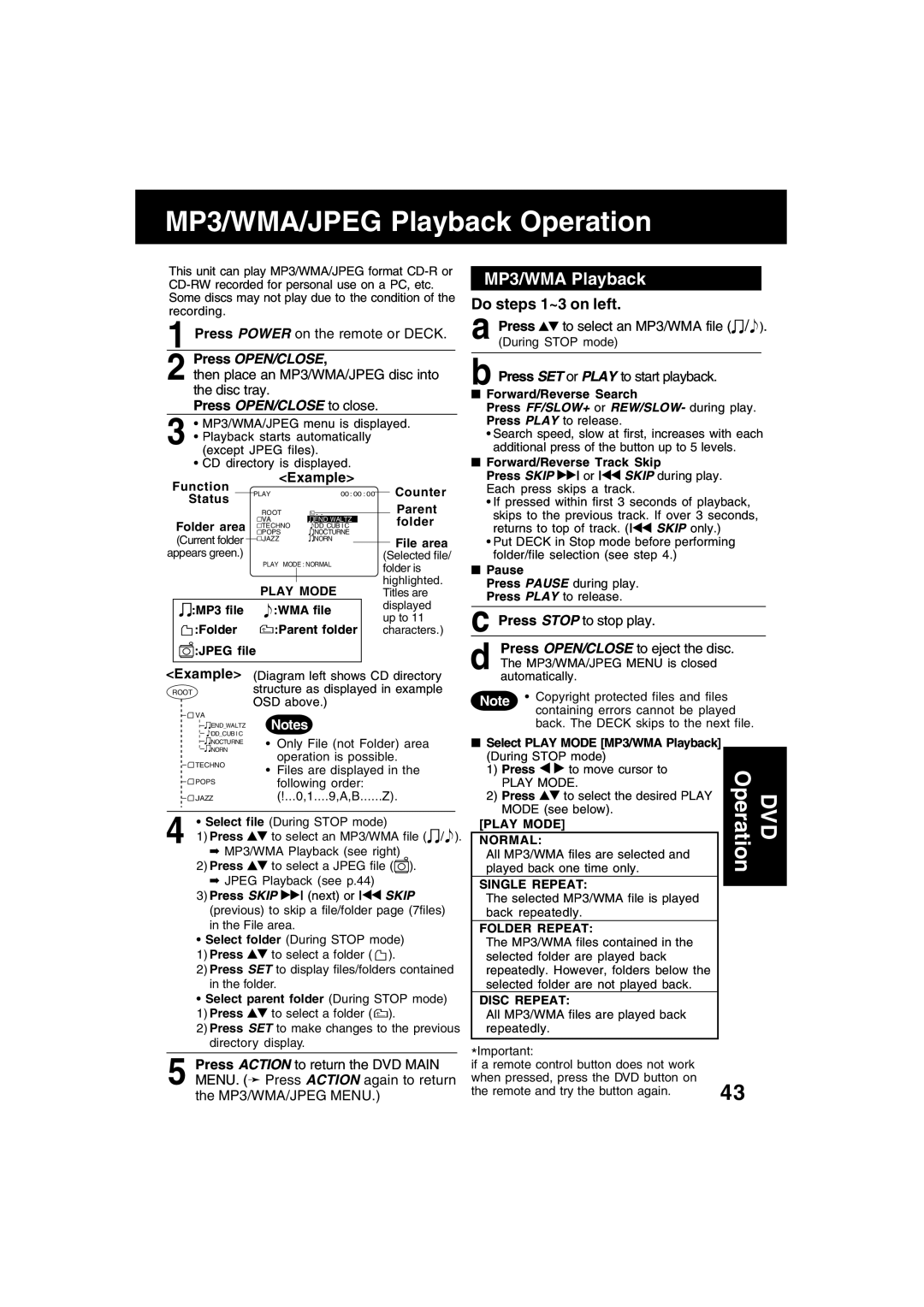 Panasonic PV-D4743S manual MP3/WMA Playback, Do steps 1~3 on left, Press OPEN/CLOSE to close 