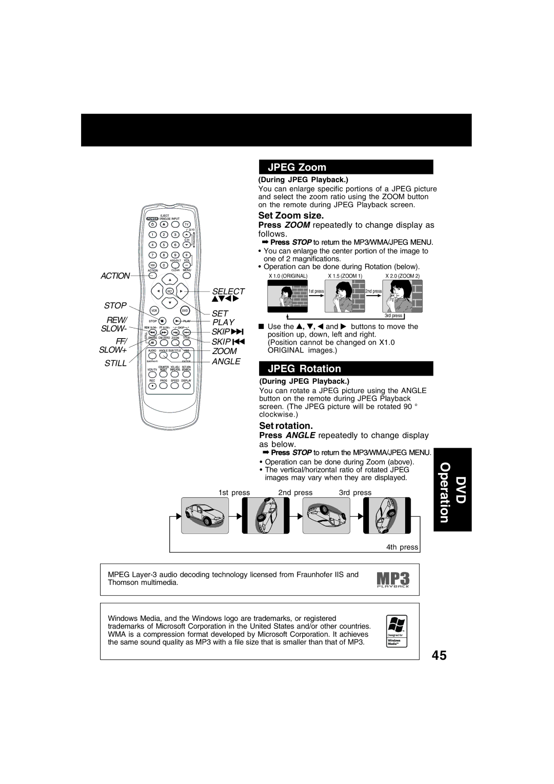 Panasonic PV-D4743S manual Jpeg Zoom, Jpeg Rotation, Set Zoom size, Set rotation 