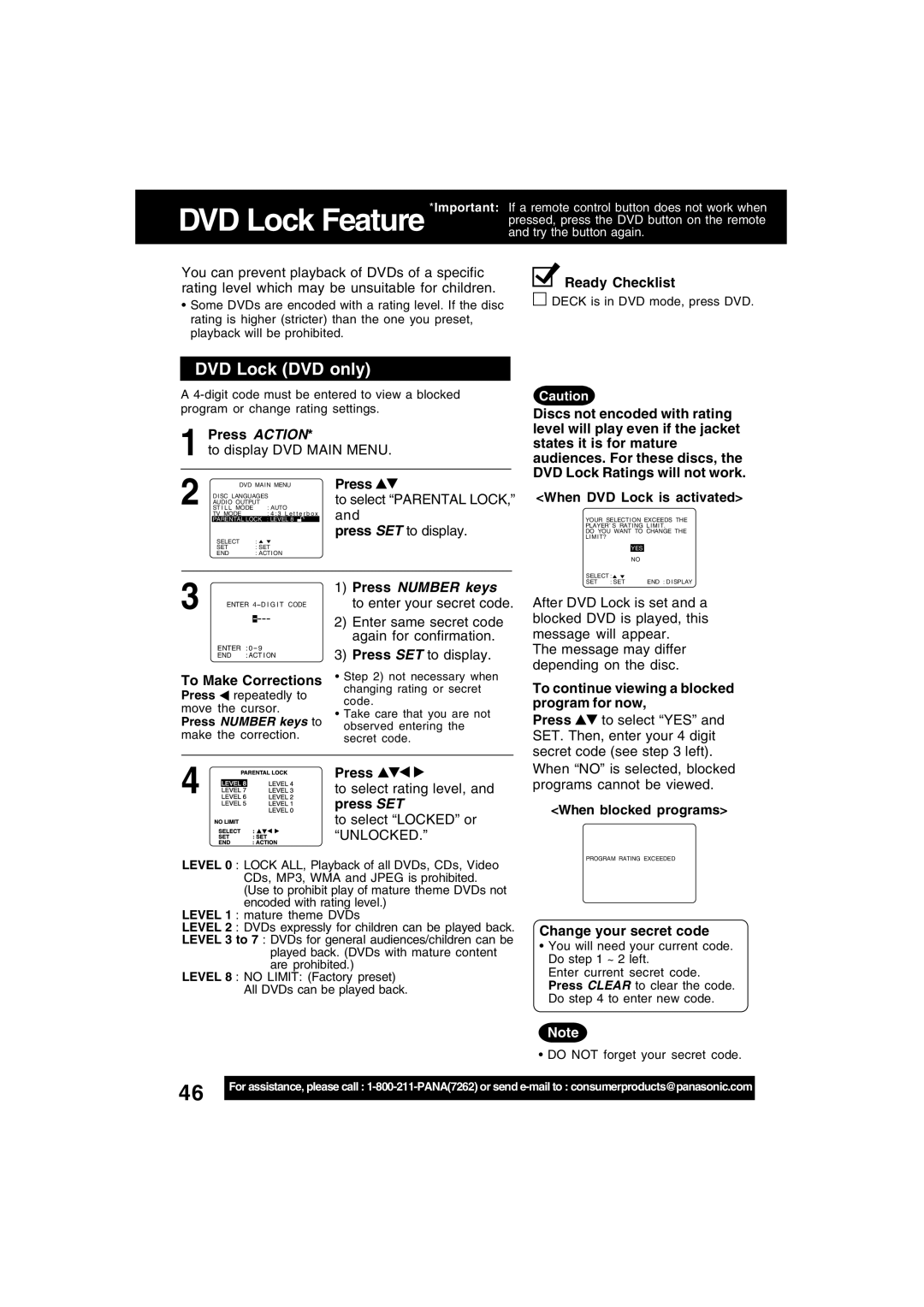 Panasonic PV-D4743S manual DVD Lock DVD only, Press Number keys to enter your secret code 