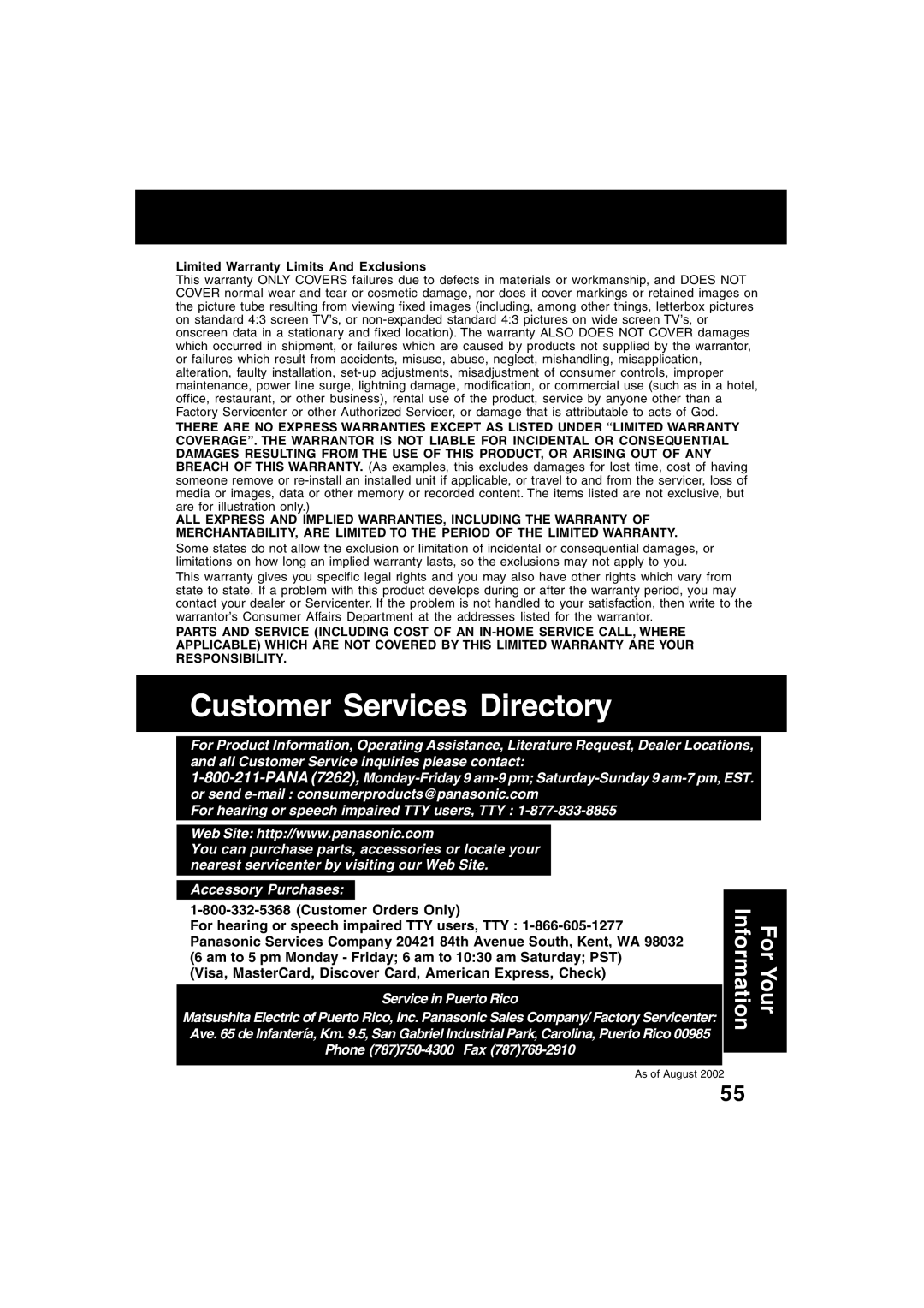 Panasonic PV-D4743S manual Customer Services Directory, Limited Warranty Limits And Exclusions 