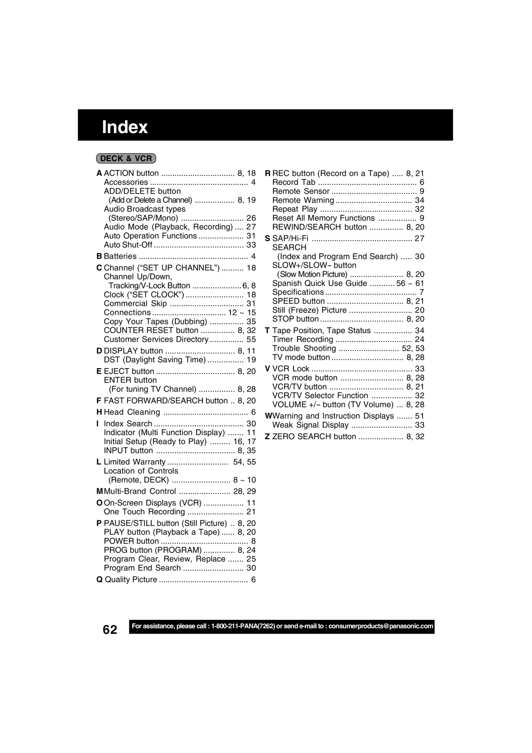 Panasonic PV-D4743S manual Index, Deck & VCR 