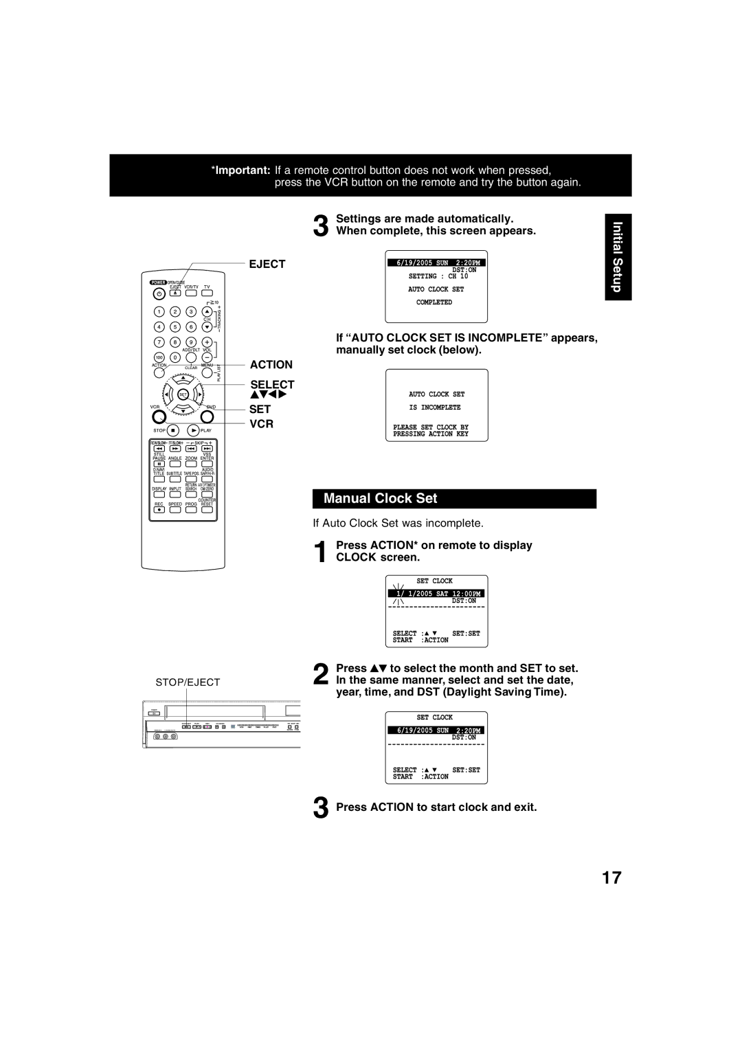 Panasonic PV-D4745S manual Manual Clock Set, If Auto Clock Set was incomplete, Set Vcr 