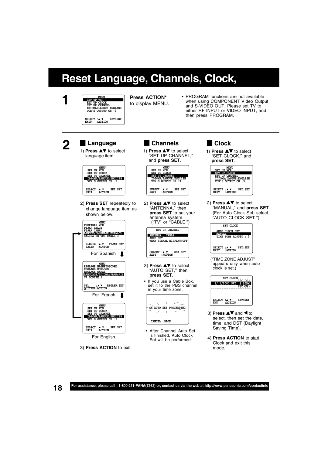 Panasonic PV-D4745S manual Reset Language, Channels, Clock, To display Menu, Press Action to exit 