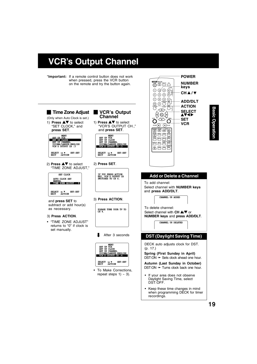 Panasonic PV-D4745S manual VCR’s Output Channel, Add or Delete a Channel, DST Daylight Saving Time, Basic Operation 