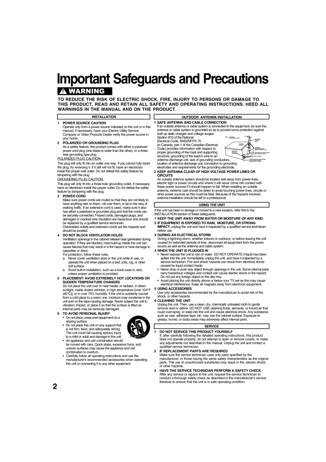 Panasonic PV-D4745S manual Important Safeguards and Precautions 