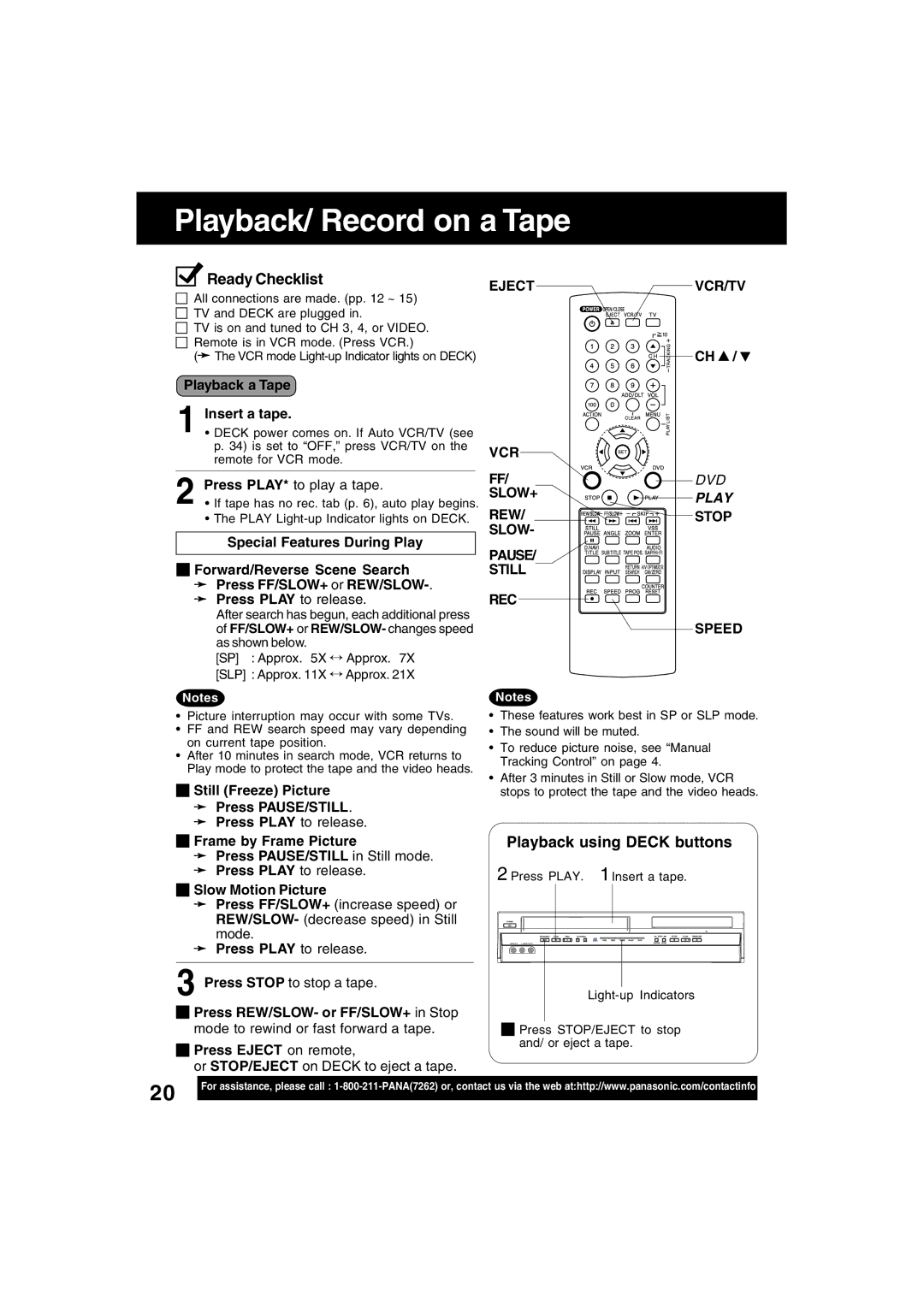 Panasonic PV-D4745S manual Playback/ Record on a Tape, Playback using Deck buttons, Playback a Tape Insert a tape 